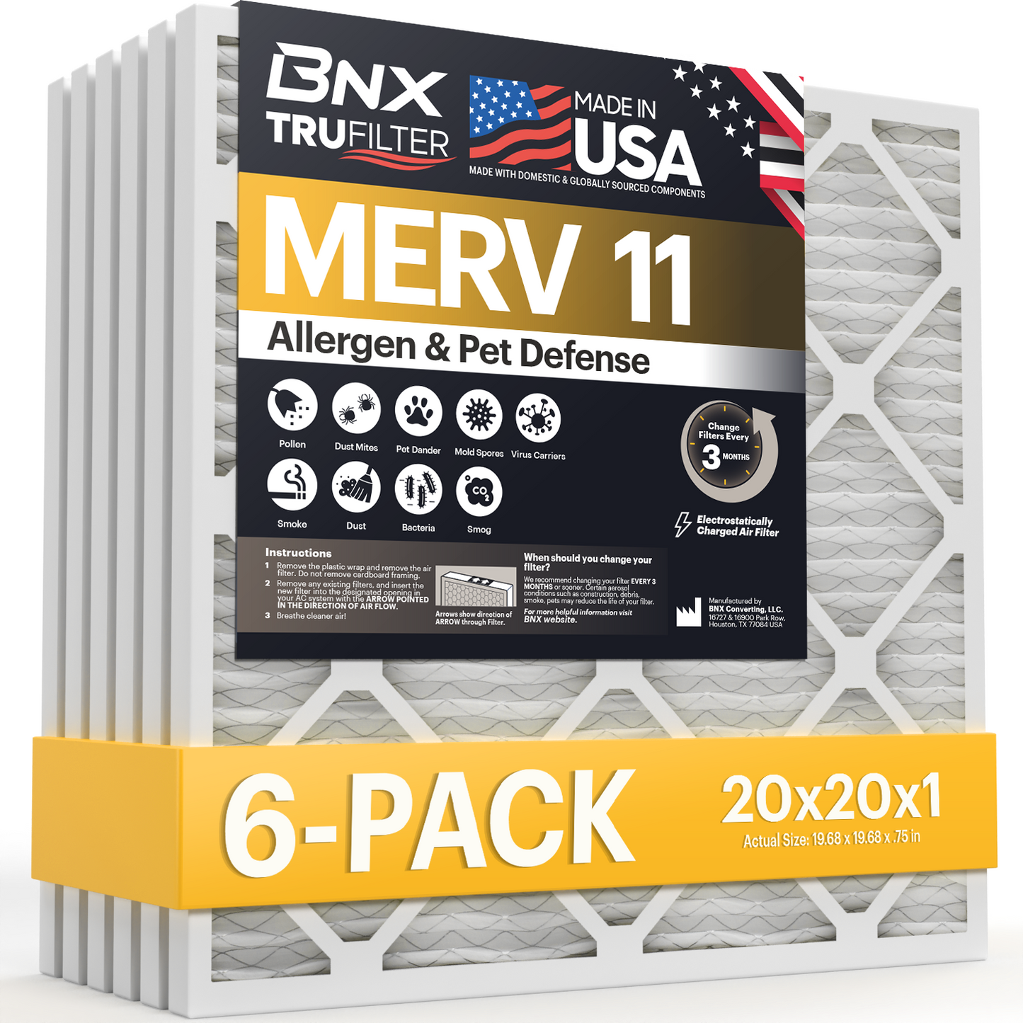 BNX TruFilter 20x20x1 MERV 11 Pleated Air Filter – Made in USA (6-Pack)