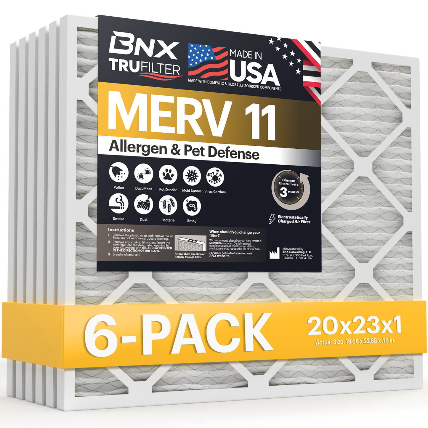 BNX TruFilter 20x23x1 MERV 11 Pleated Air Filter – Made in USA (6-Pack)