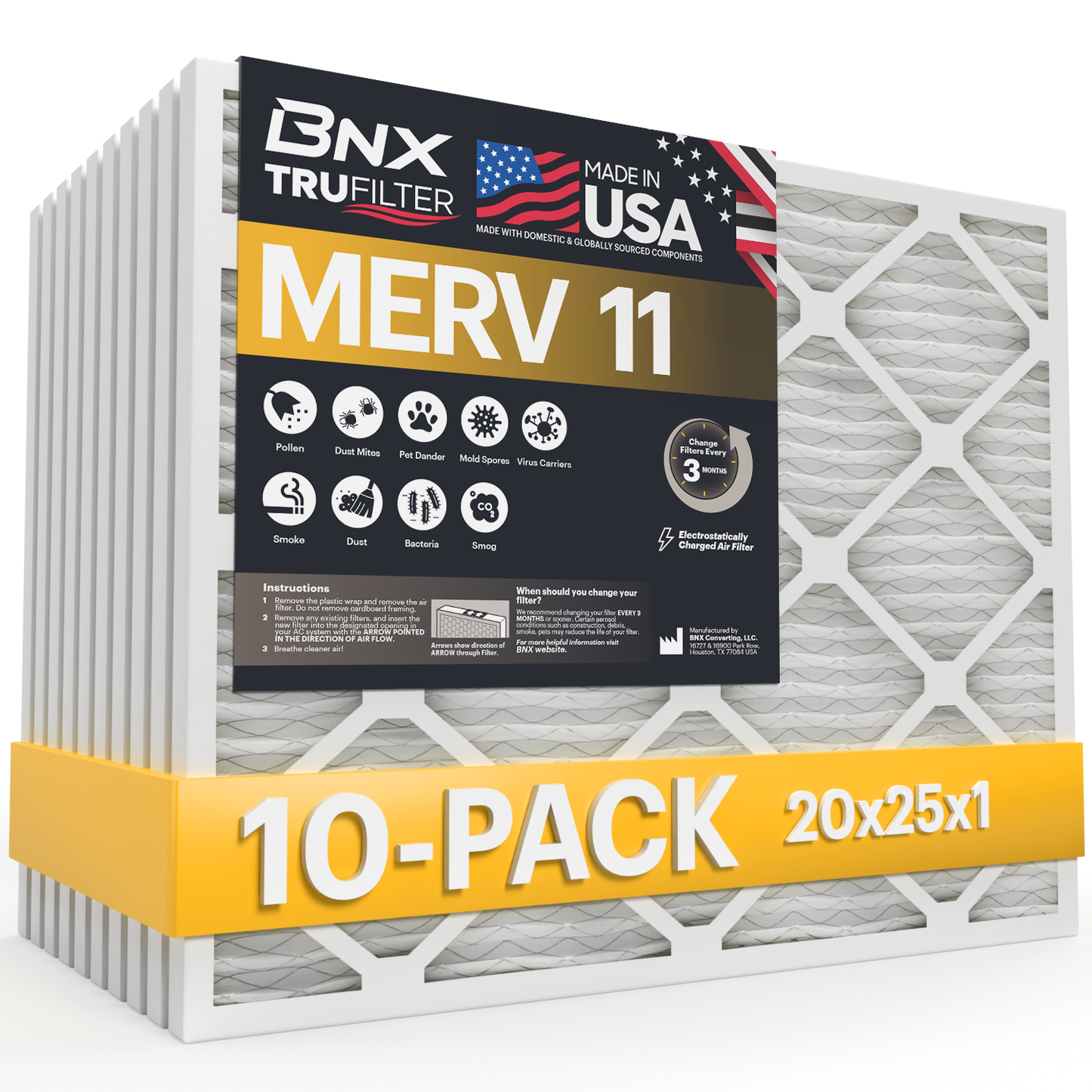 BNX 20x25x1 MERV 11 Air Filter 10 Pack - MADE IN USA - Electrostatic Pleated Air Conditioner HVAC AC Furnace Filters - Removes Dust, Mold, Pollen, Lint, Pet Dander, Smoke, Smog