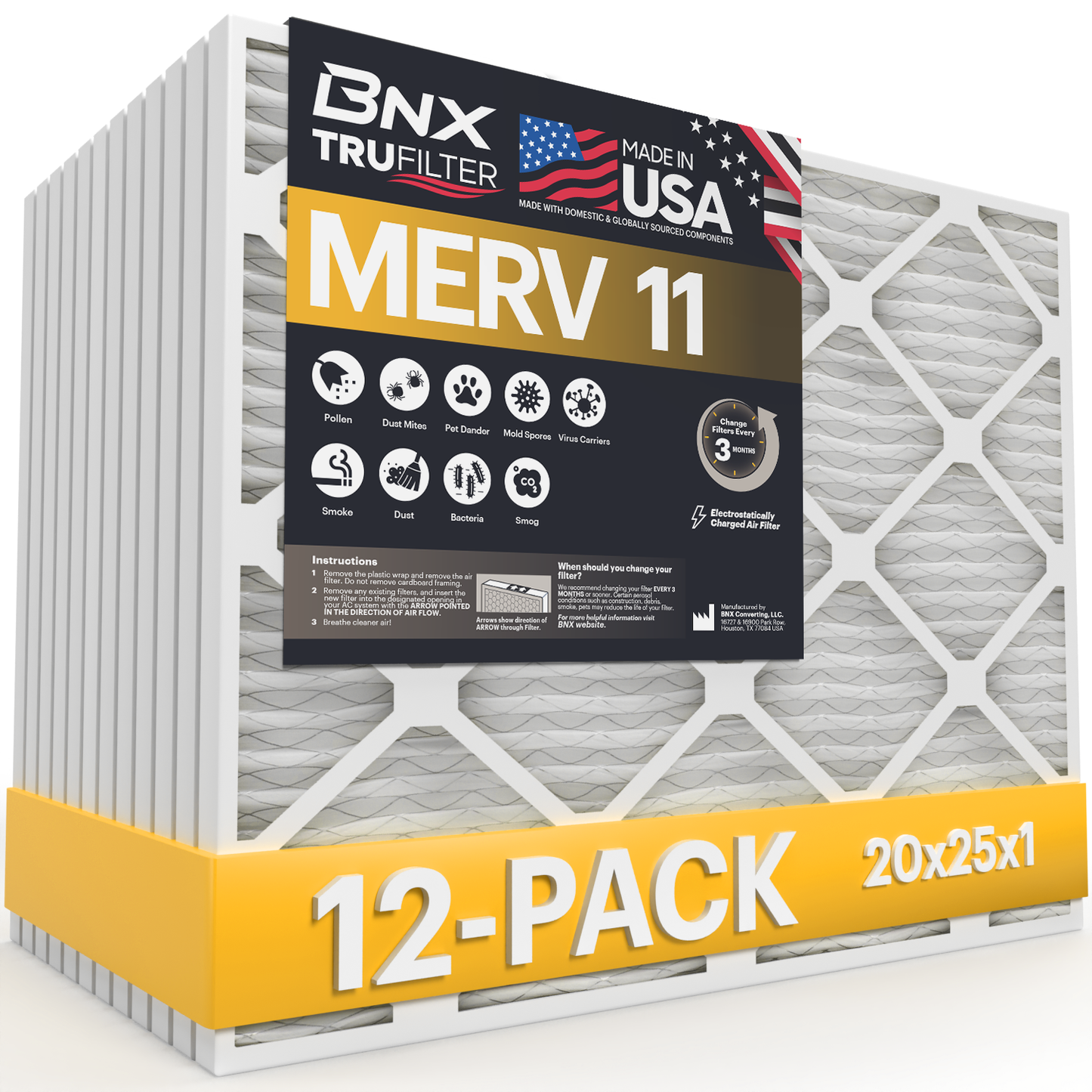 BNX TruFilter 20x25x1 Air Filter MERV 11 (12-Pack) - MADE IN USA - Allergen Defense Electrostatic Pleated Air Conditioner HVAC AC Furnace Filters for Allergies, Dust, Pet, Smoke, Allergy MPR 1200 FPR 7