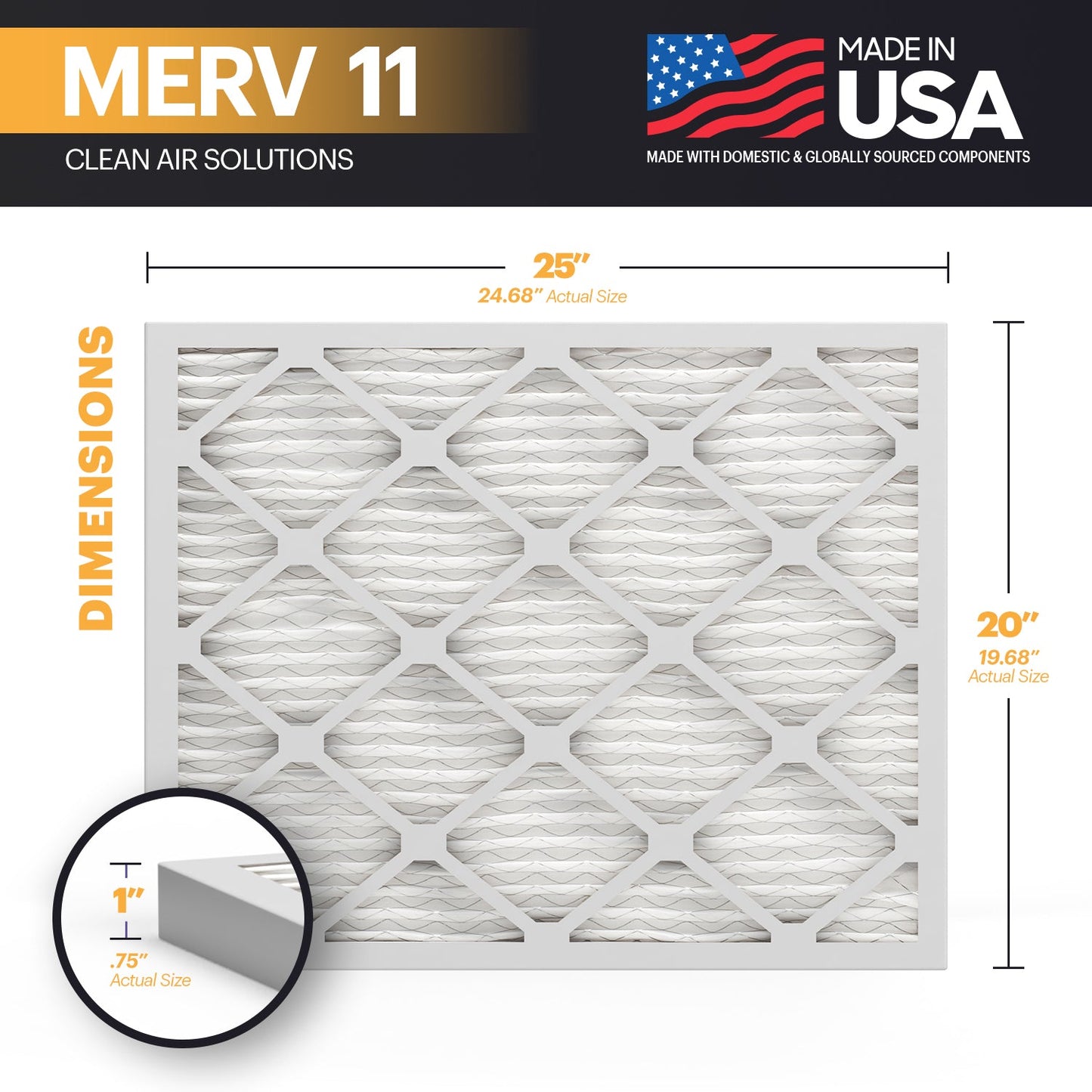 BNX 20x25x1 MERV 11 Air Filter 5 Pack - MADE IN USA - Electrostatic Pleated Air Conditioner HVAC AC Furnace Filters - Removes Dust, Mold, Pollen, Lint, Pet Dander, Smoke, Smog