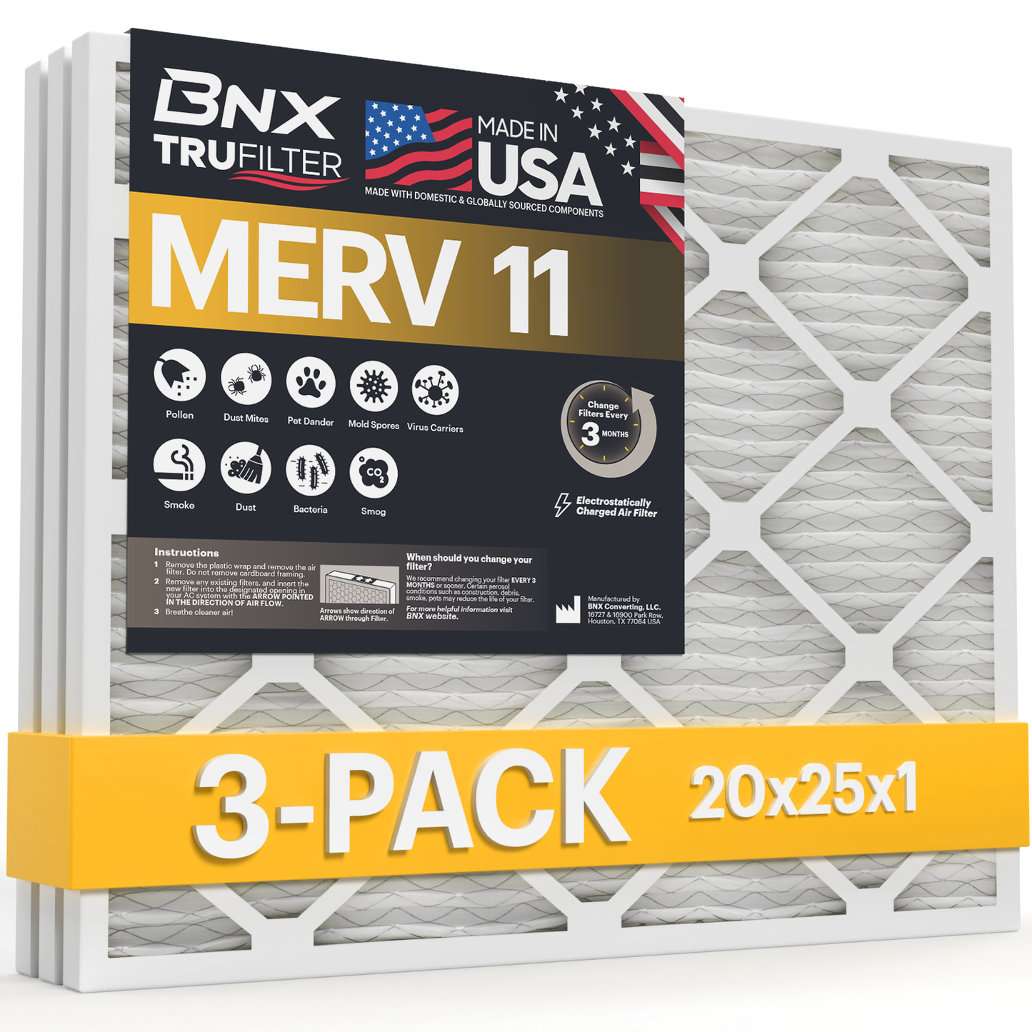 BNX 20x25x1 MERV 11 Air Filter 3 Pack - MADE IN USA - Electrostatic Pleated Air Conditioner HVAC AC Furnace Filters - Removes Dust, Mold, Pollen, Lint, Pet Dander, Smoke, Smog