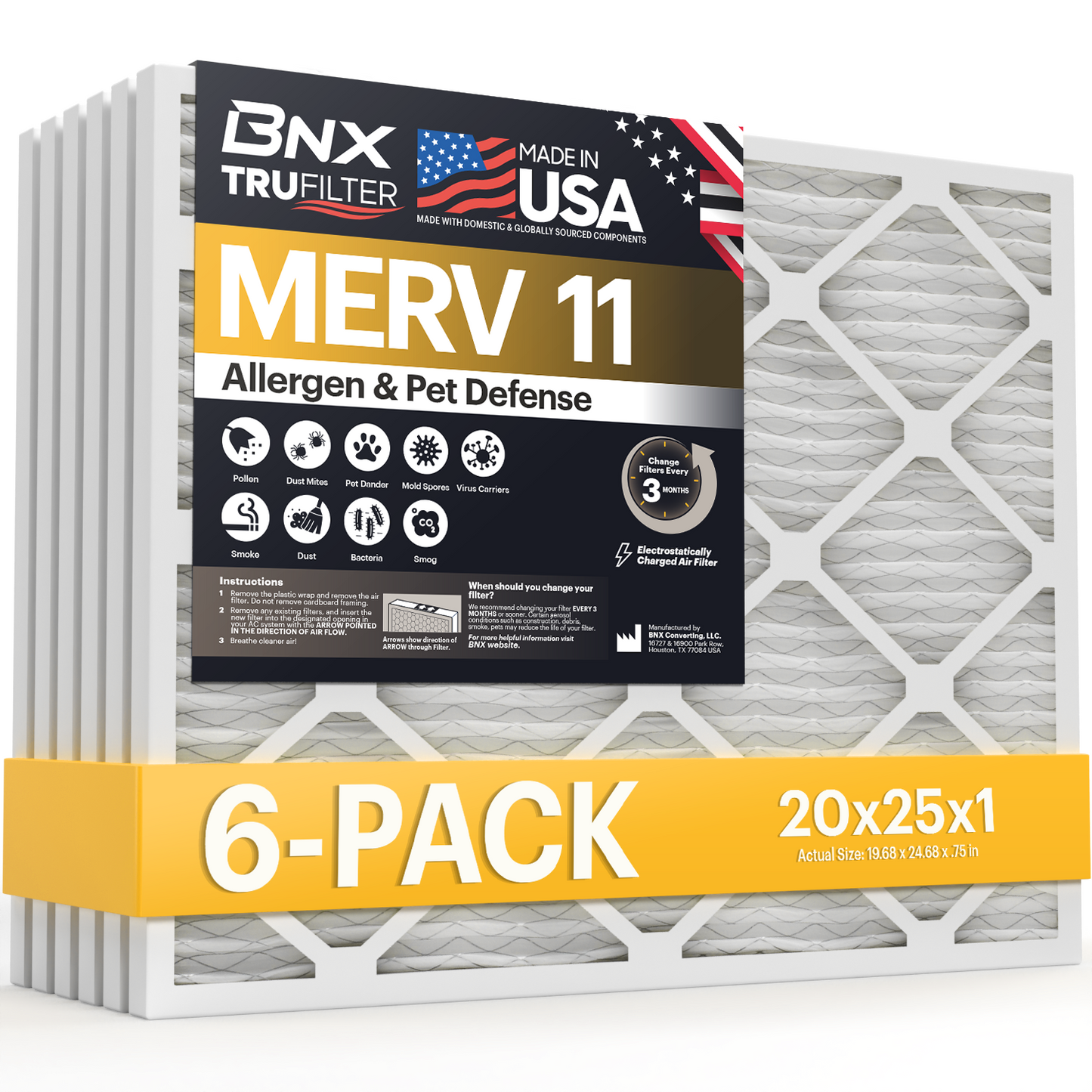 BNX TruFilter 20x25x1 Air Filter MERV 11 (6-Pack) - MADE IN USA - Allergen Defense Electrostatic Pleated Air Conditioner HVAC AC Furnace Filters for Allergies, Dust, Pet, Smoke, Allergy MPR 1200 FPR 7