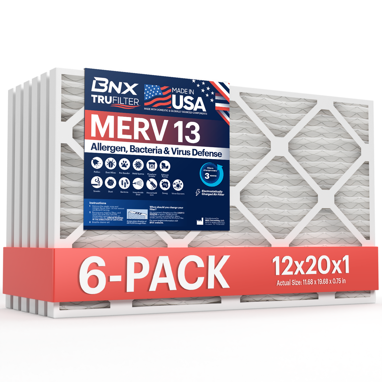BNX TruFilter 12x20x1 MERV 13 Pleated Air Filter – Made in USA (6-Pack)
