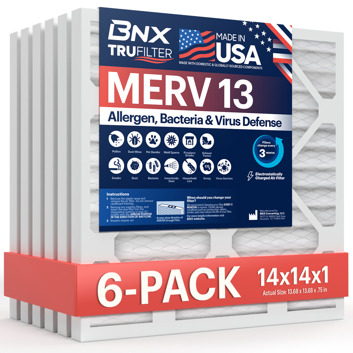 BNX TruFilter 14x14x1 MERV 13 Pleated Air Filter – Made in USA (6-Pack)
