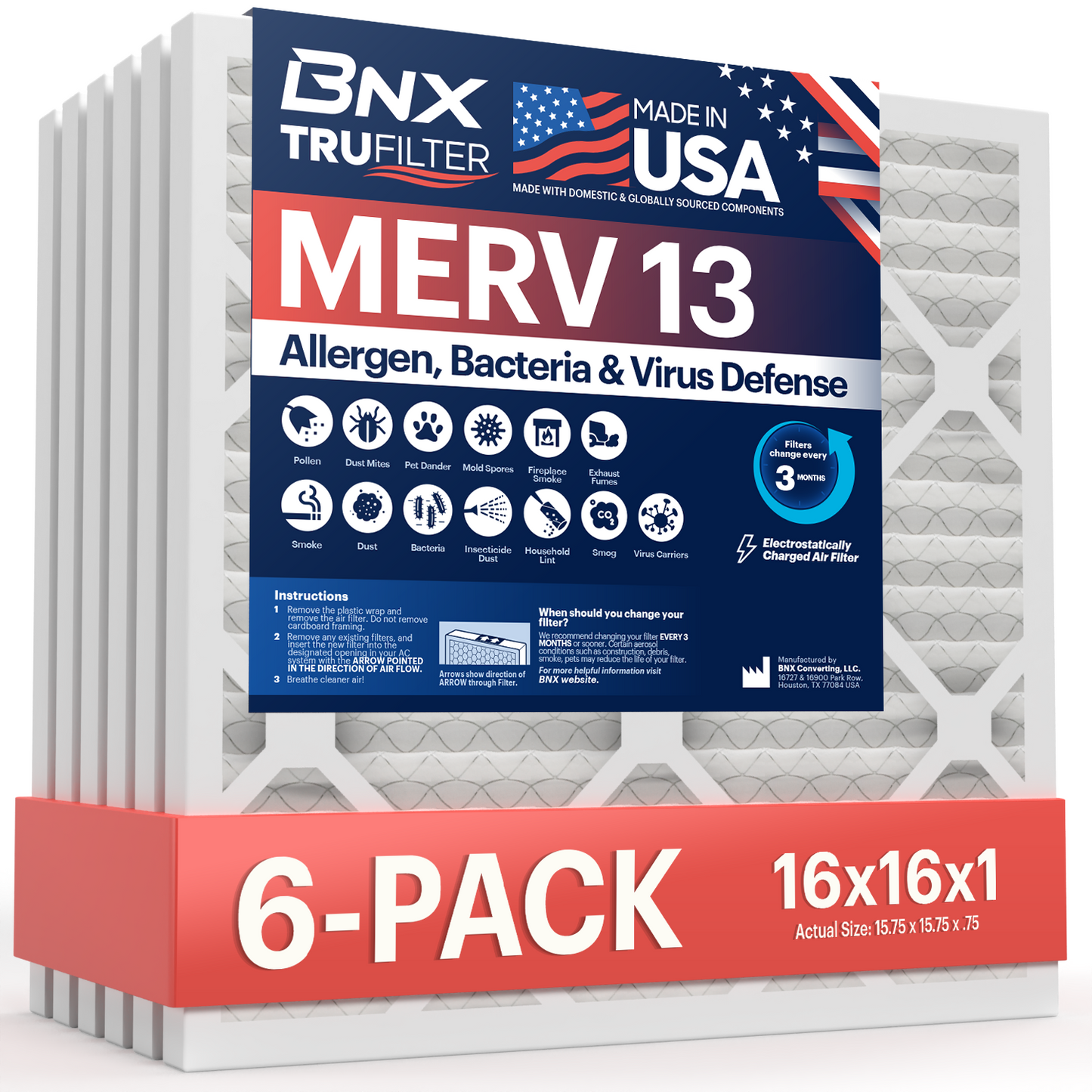 BNX TruFilter 16x16x1 MERV 13 Pleated Air Filter – Made in USA (6-Pack)