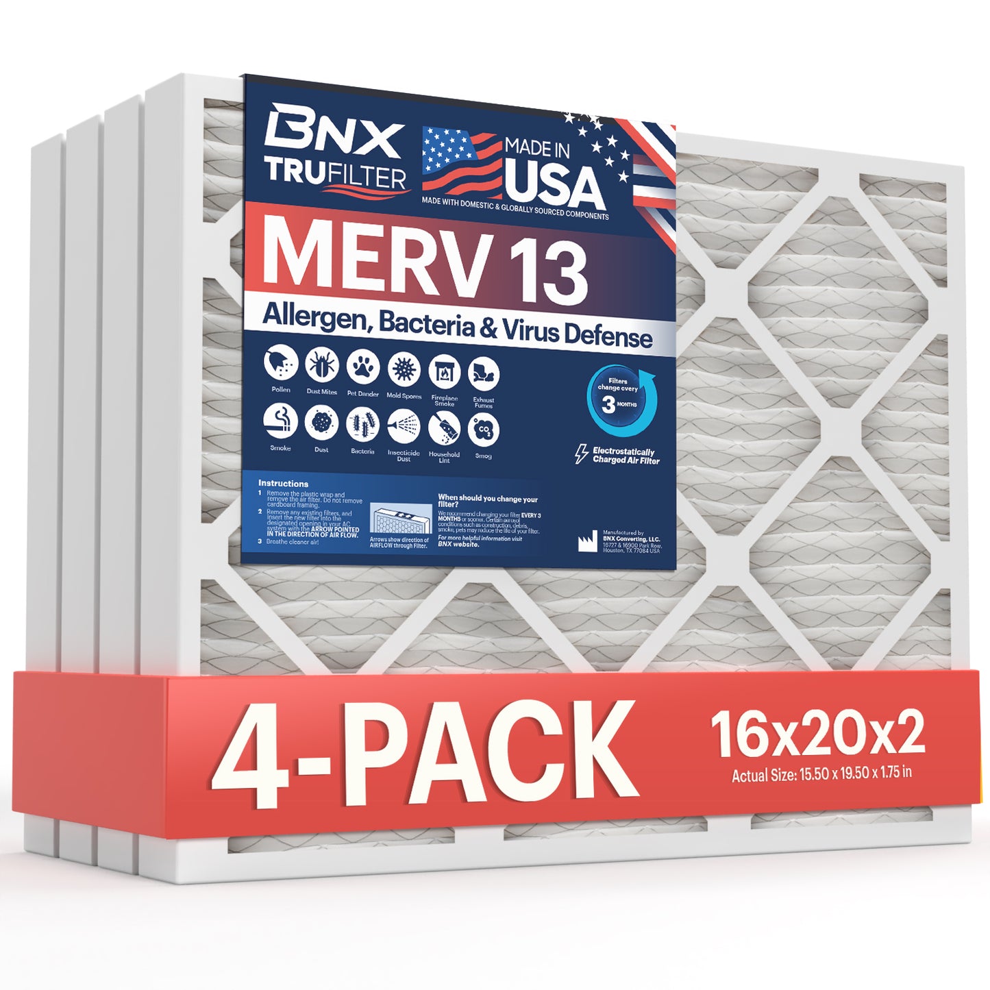 BNX TruFilter 16x20x2 MERV 13 Pleated Air Filter – Made in USA (4-Pack)