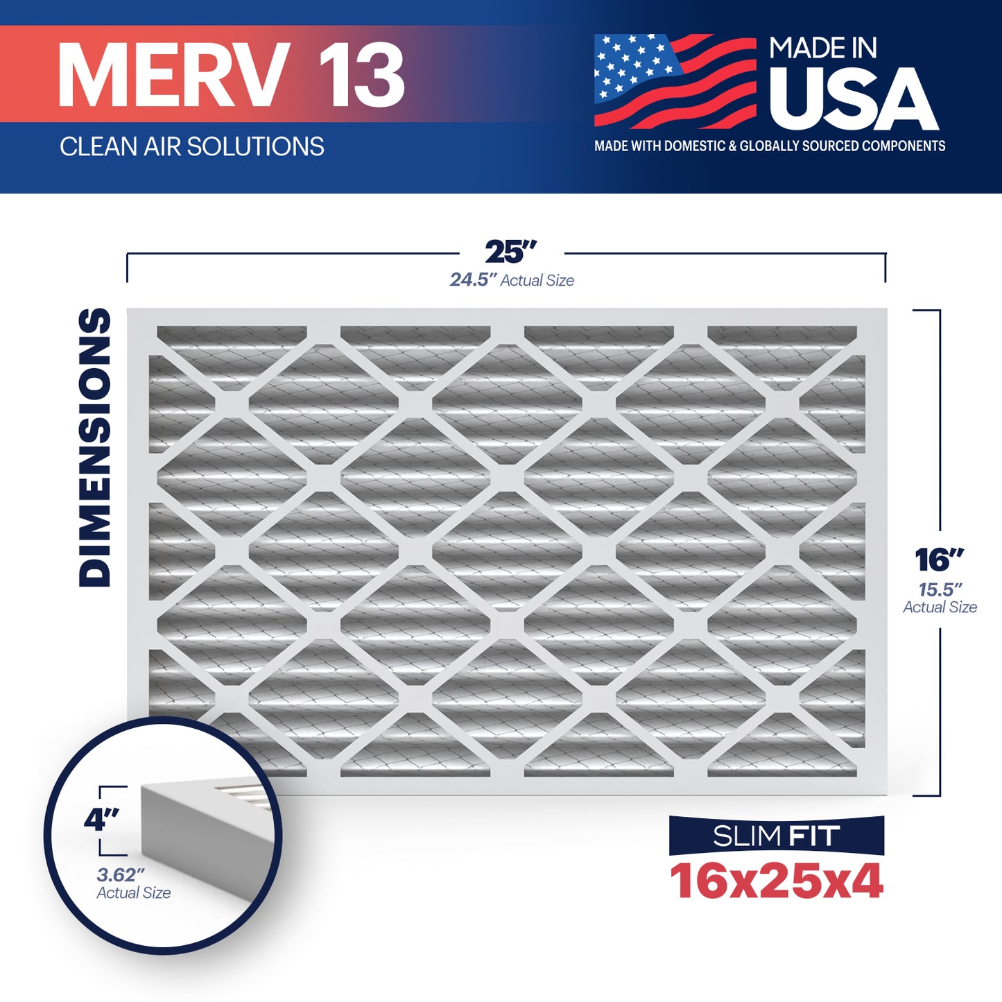 BNX TruFilter 16x25x4 MERV 13 Pleated Air Filter – Made in USA (2-Pack) (Slim Fit)