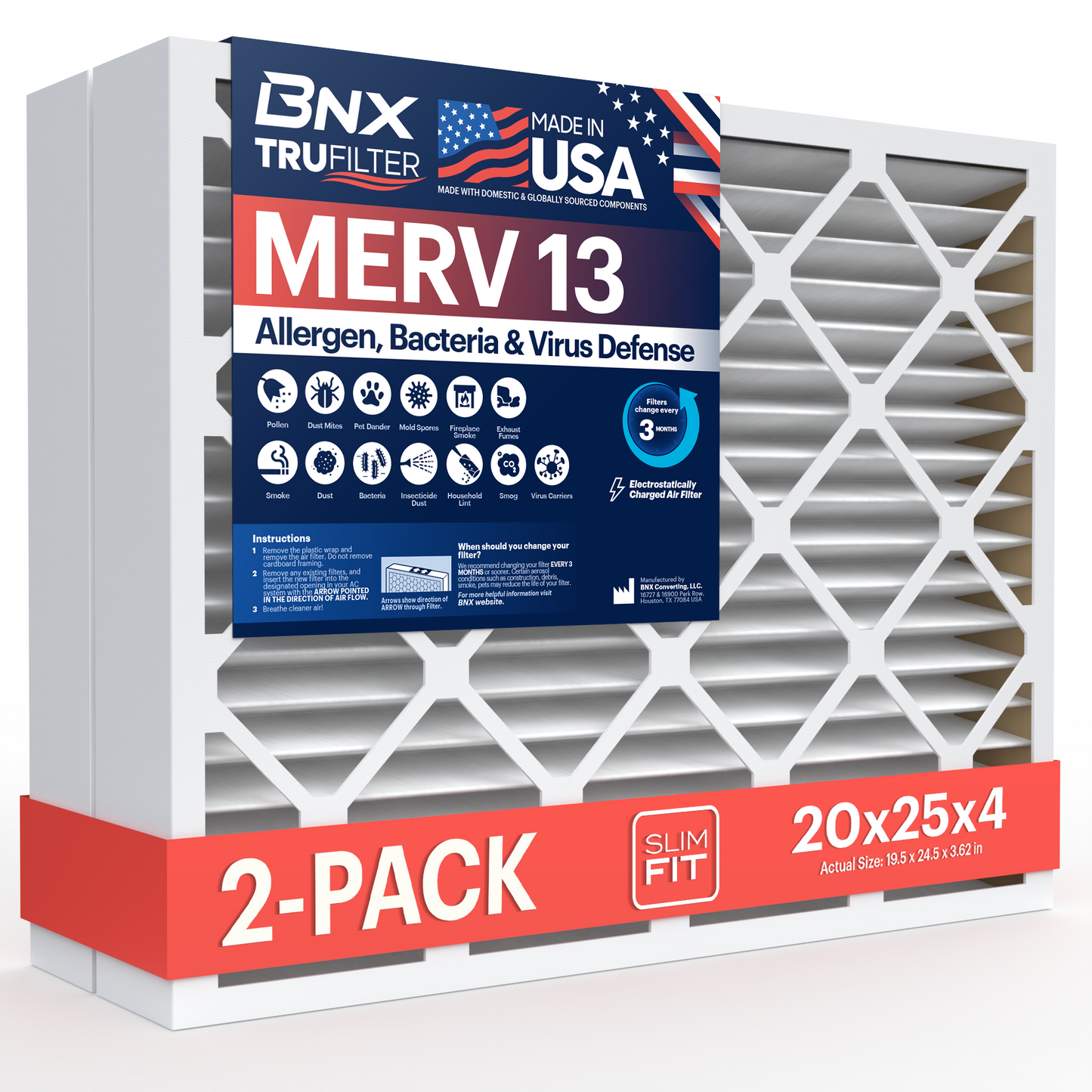 BNX TruFilter 20x25x4 MERV 13 Pleated Air Filter – Made in USA (2-Pack) (Slim Fit)