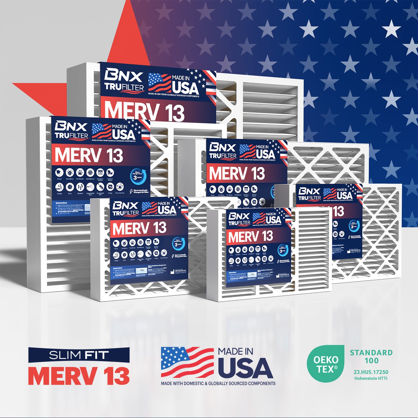 BNX TruFilter 16x25x4 MERV 13 Pleated Air Filter – Made in USA (2-Pack) (Slim Fit)
