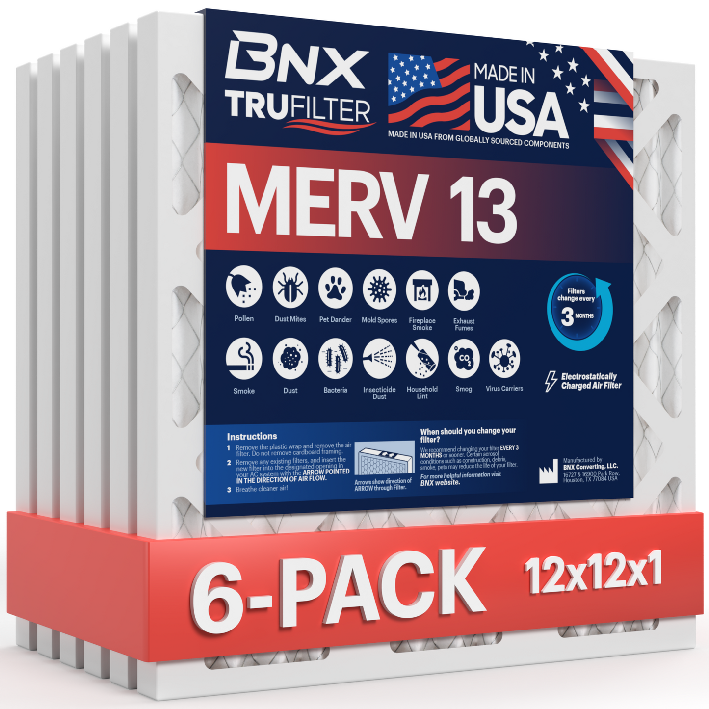 BNX TruFilter 12x12x1 MERV 13 Pleated Air Filter – Made in USA (6-Pack)