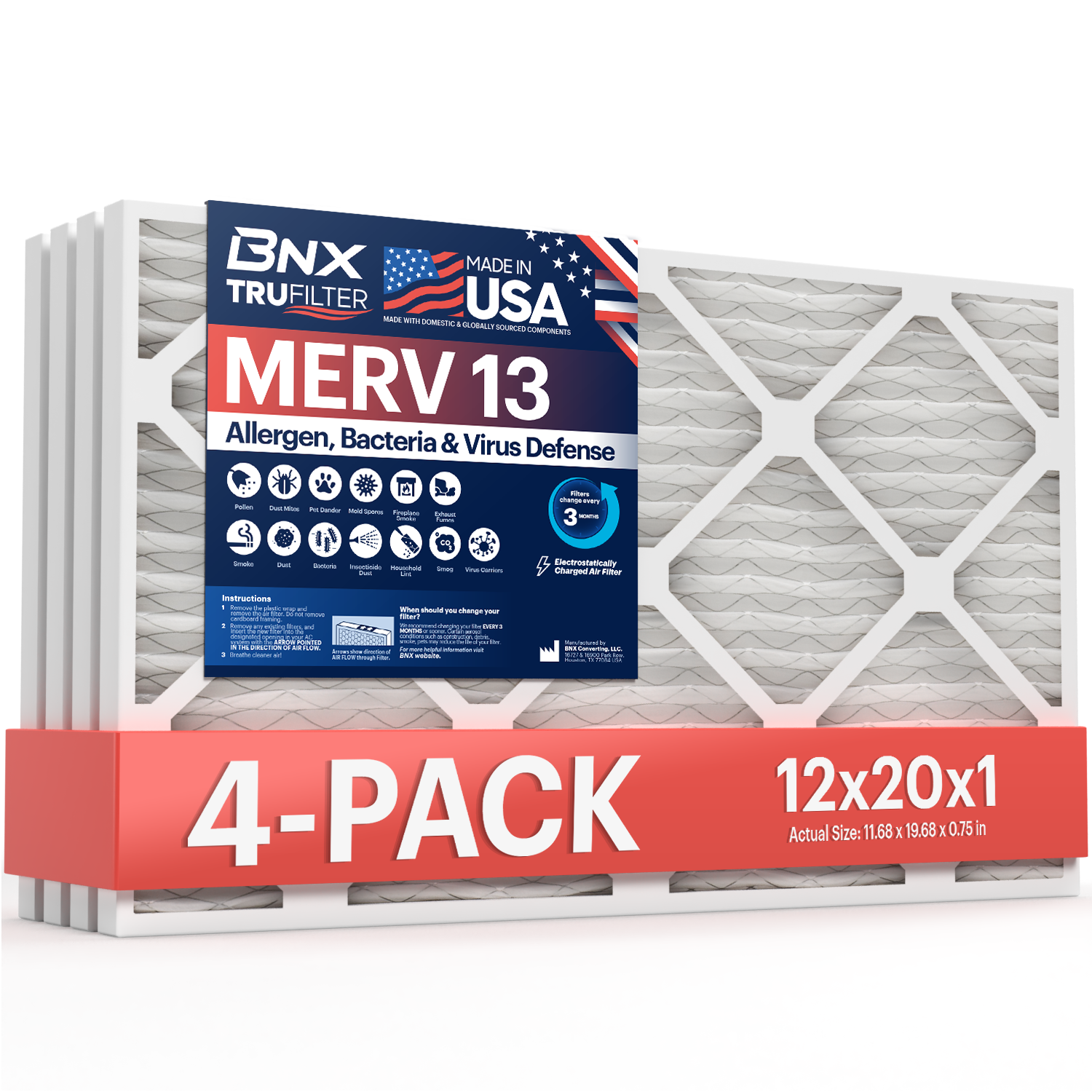 BNX TruFilter 12x20x1 MERV 13 Pleated Air Filter – Made in USA (4