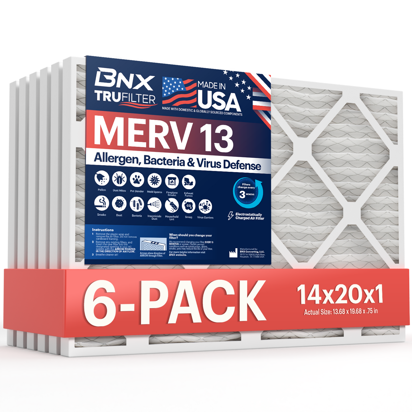 BNX TruFilter 14x20x1 MERV 13 Pleated Air Filter – Made in USA (6-Pack)