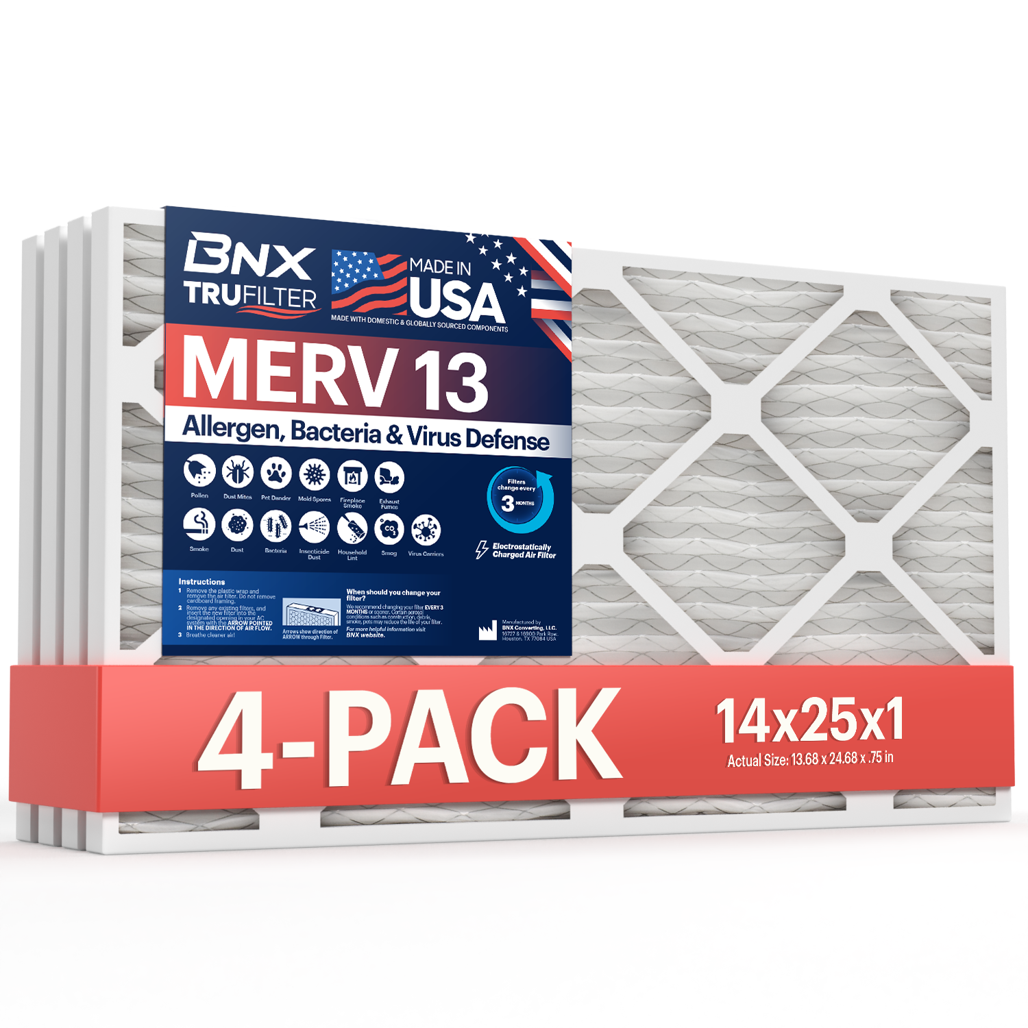 BNX 14 x 24 x 1 filtro aria MERV 13 confezione da 6 – Made in USA – condizionatore d'aria elettrostatico pieghettato HVAC – rimuove polline, muffe, batteri, fumo BNX 14 x 24 x 1 filtro aria MERV 13 confezione da 6 – Made in USA – condizionatore d'aria elettrostatico pieghettato HVAC – rimuove polline, muffe, batteri, fumo