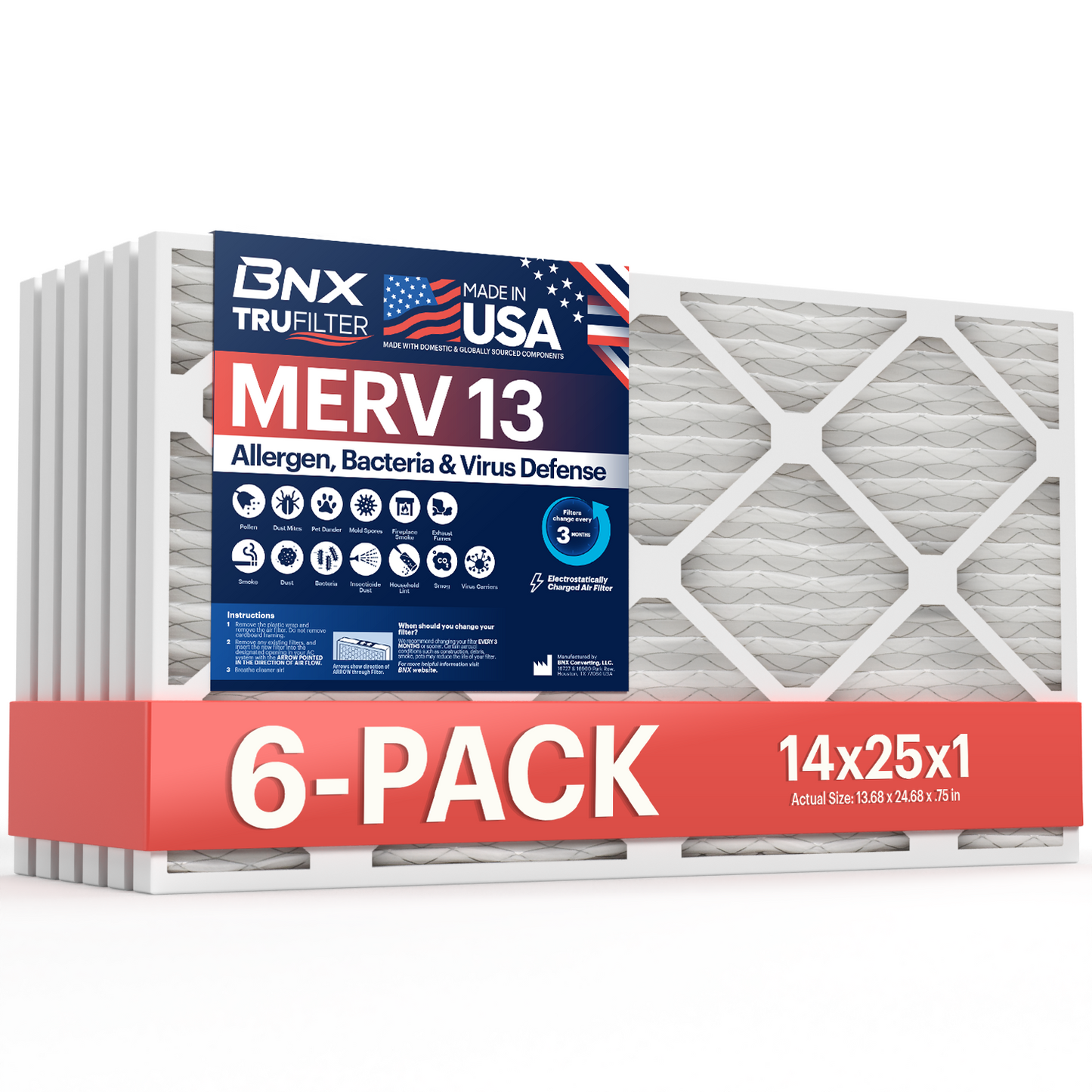 BNX TruFilter 14x25x1 MERV 13 Pleated Air Filter – Made in USA (6-Pack)