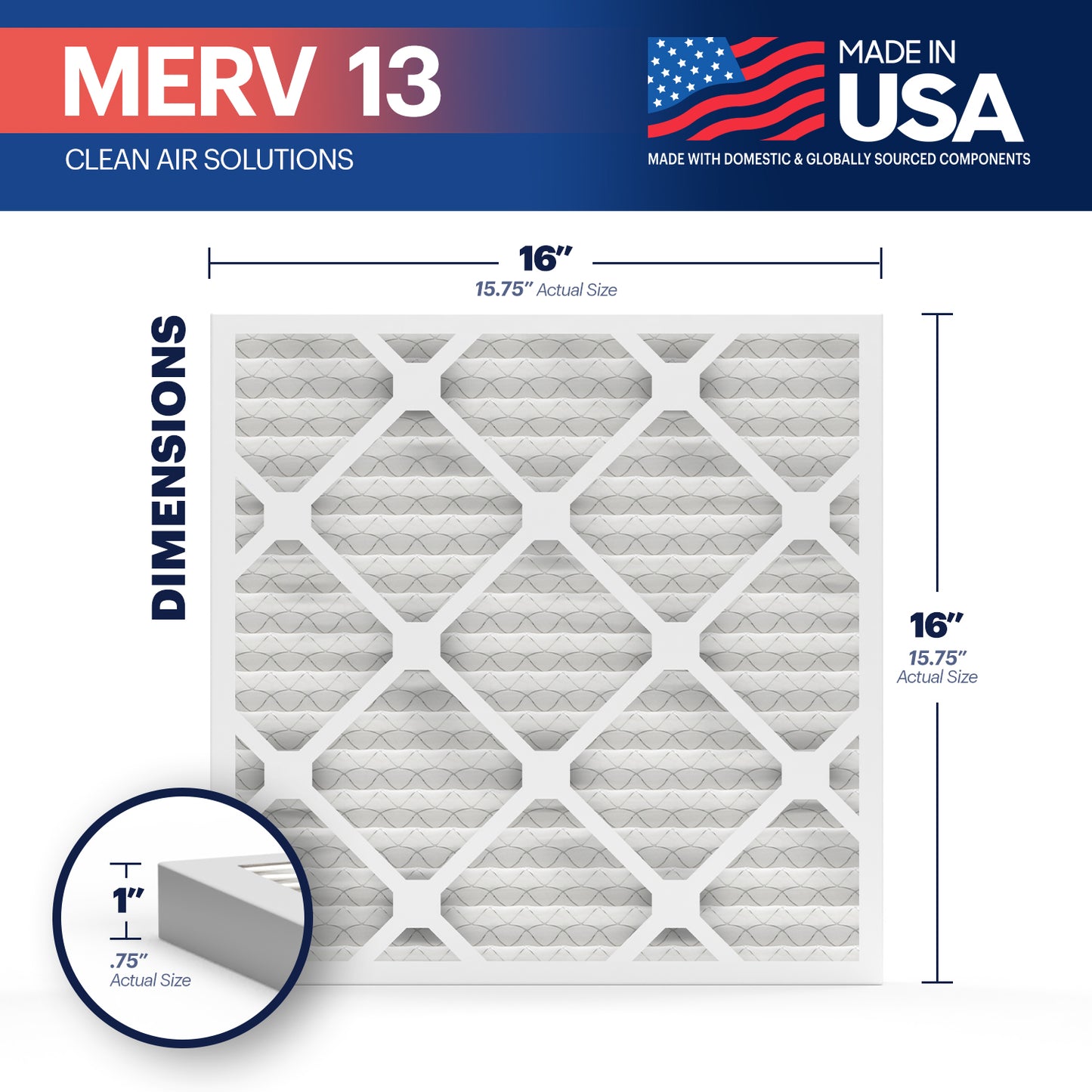 BNX TruFilter 16x16x1 MERV 13 Pleated Air Filter – Made in USA (6-Pack)