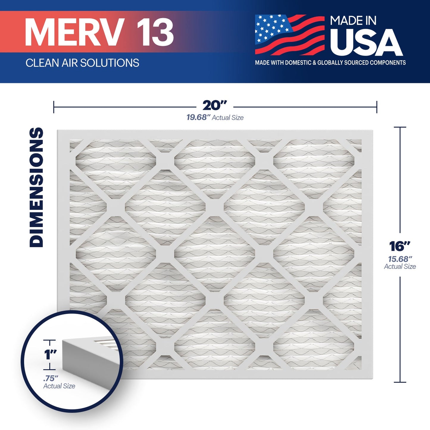 BNX TruFilter 16x20x1 MERV 13 Pleated Air Filter – Made in USA (6-Pack)