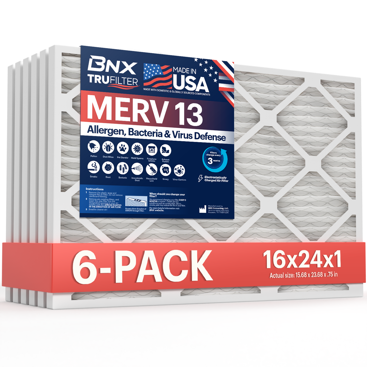 BNX TruFilter 16x24x1 MERV 13 Pleated Air Filter – Made in USA (6-Pack)