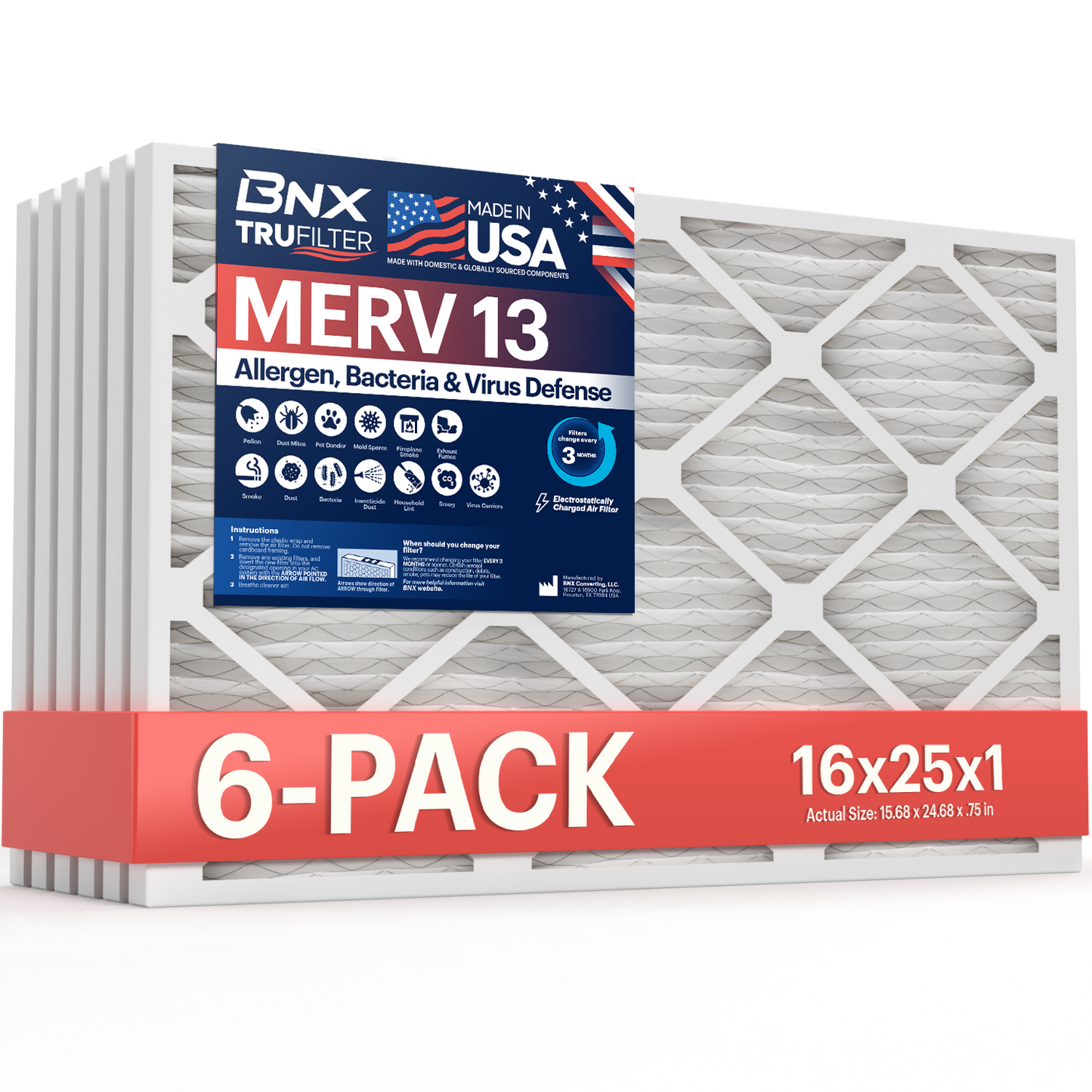 BNX TruFilter 16x25x1 MERV 13 Pleated Air Filter – Made in USA (6-Pack)