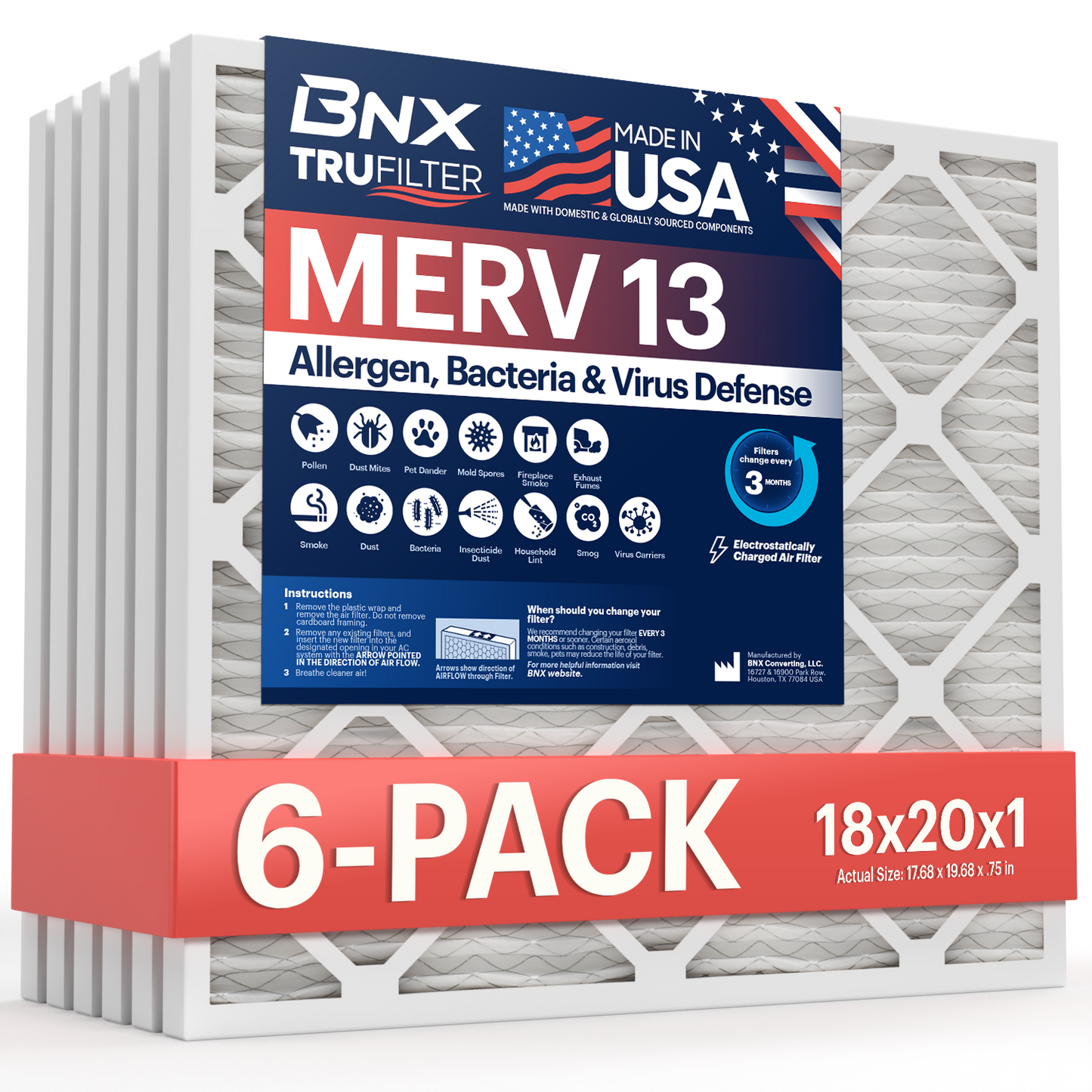 BNX TruFilter 18x20x1 MERV 13 Pleated Air Filter – Made in USA (6-Pack)