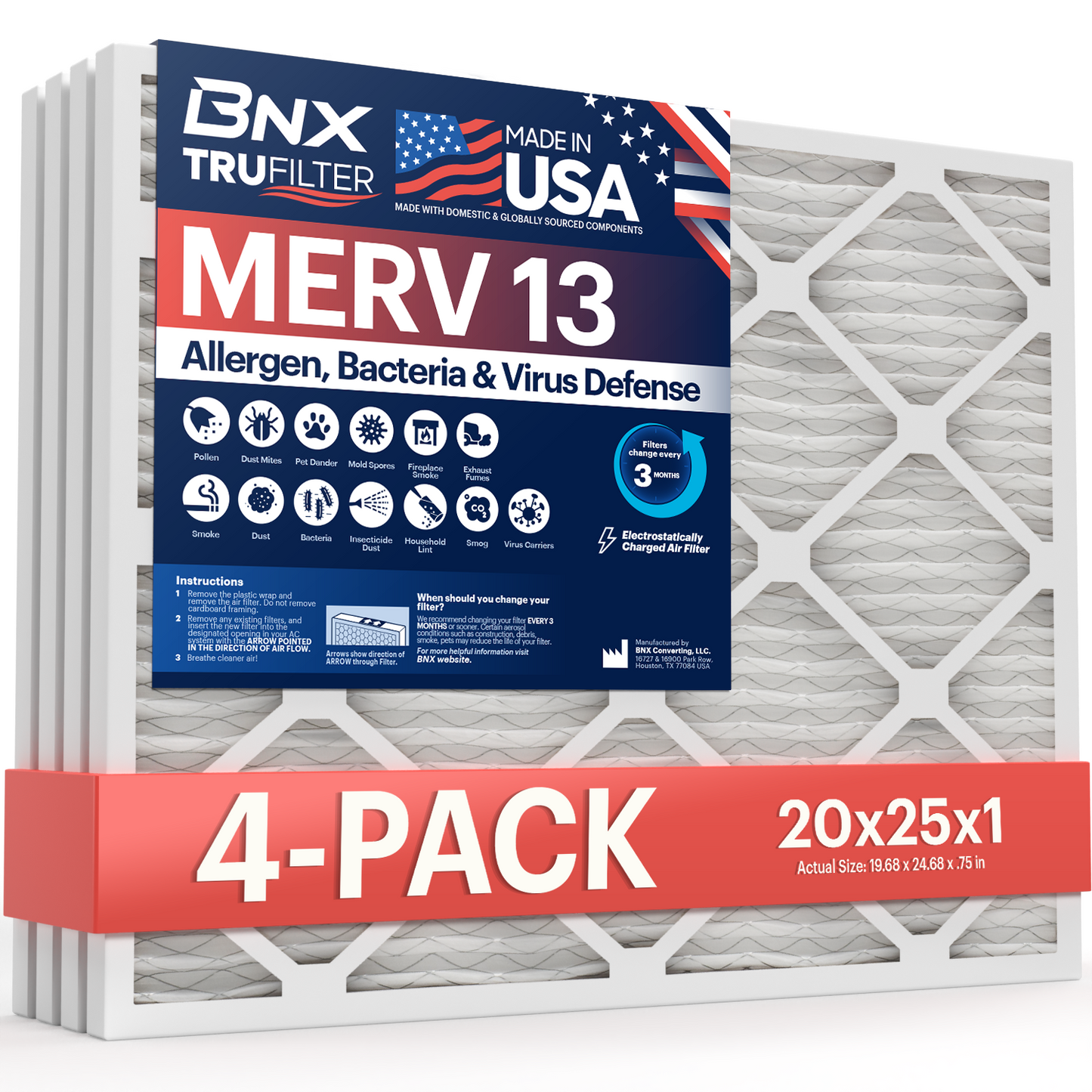 BNX TruFilter 20x25x1 MERV 13 Pleated Air Filter – Made in USA (4-Pack)