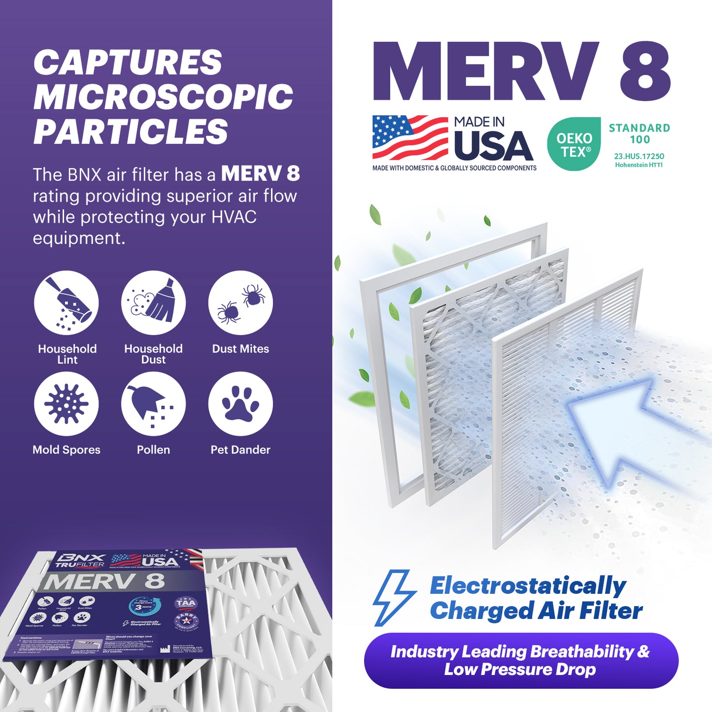 BNX TruFilter 20x20x1 MERV 8 Pleated Air Filter – Made in USA (6-Pack)
