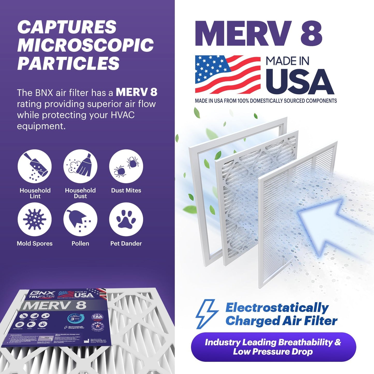 BNX 16x20x1 MERV 8 Pleated Air Filter – Made in USA (6-Pack)