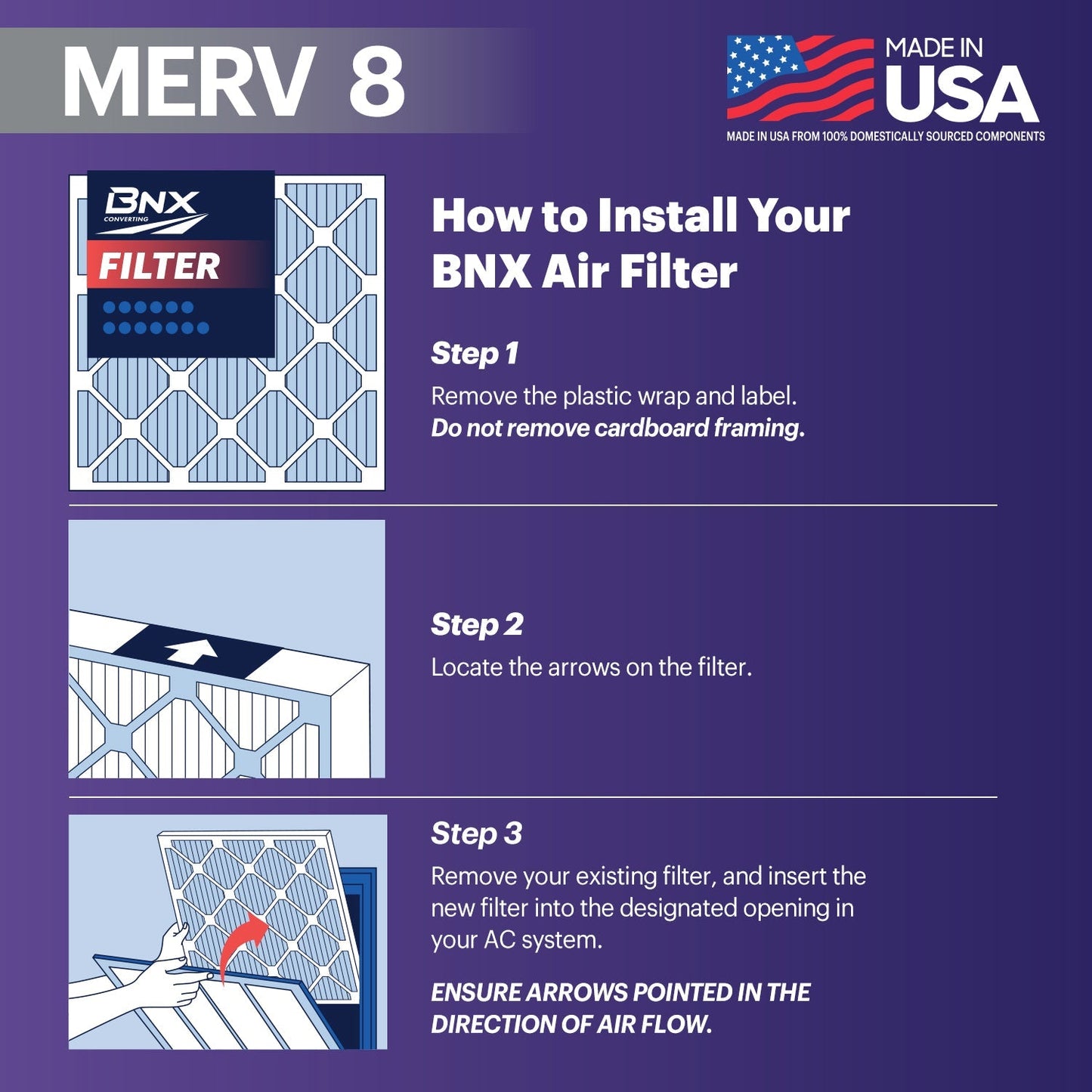 BNX TruFilter 16x20x1 MERV 8 Pleated Air Filter – Made in USA (6-Pack)