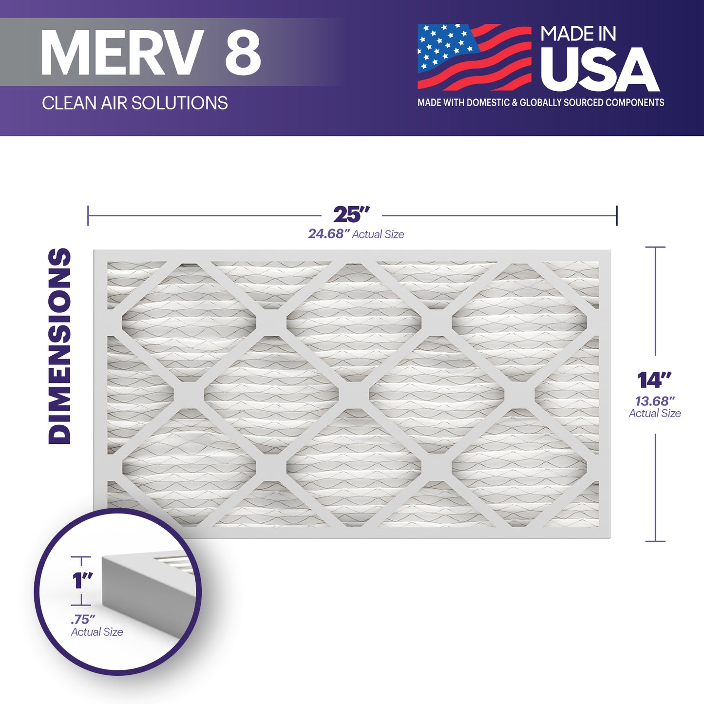 BNX TruFilter 14x25x1 MERV 8 Pleated Air Filter – Made in USA (6-Pack)