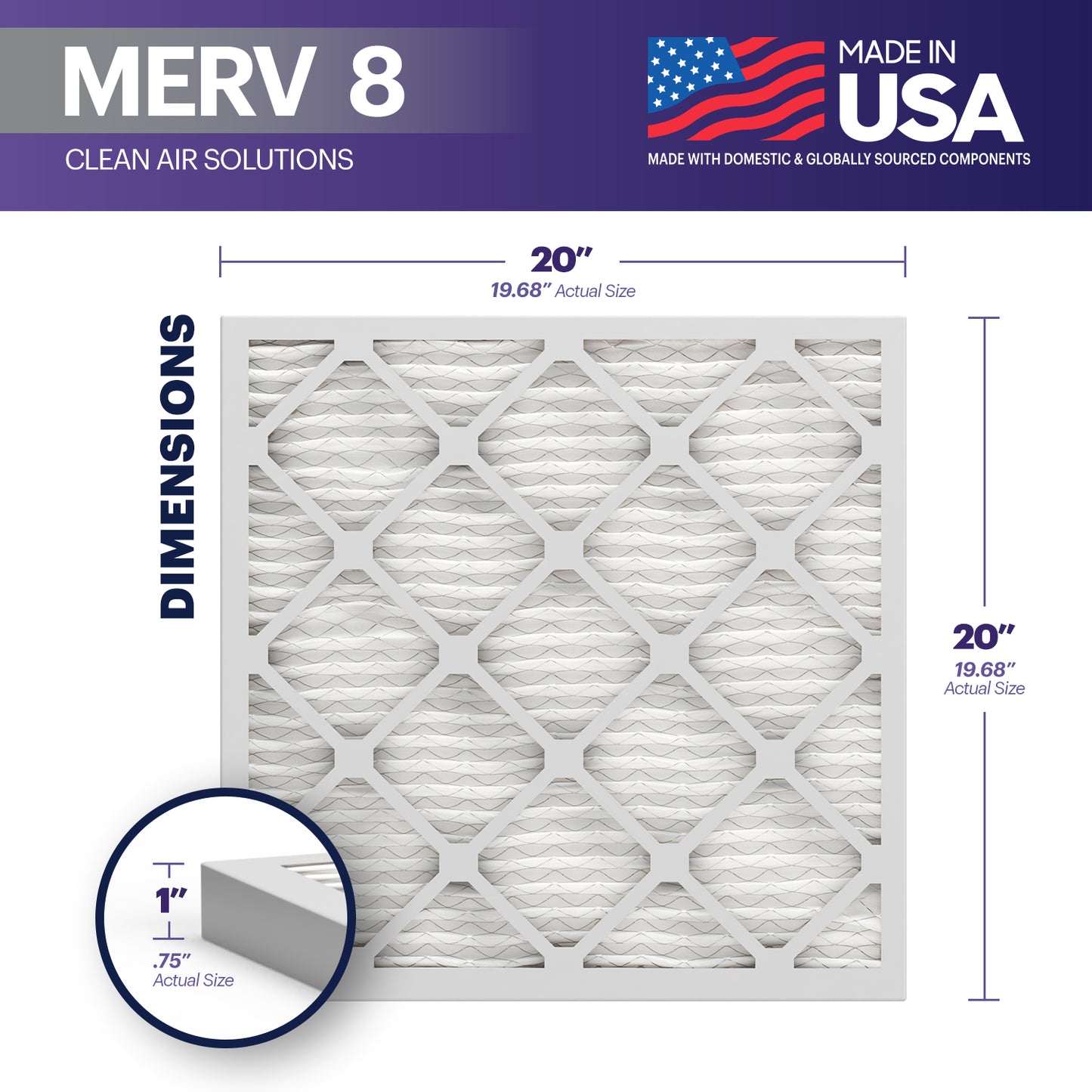 BNX TruFilter 20x20x1 MERV 8 Pleated Air Filter – Made in USA (6-Pack)