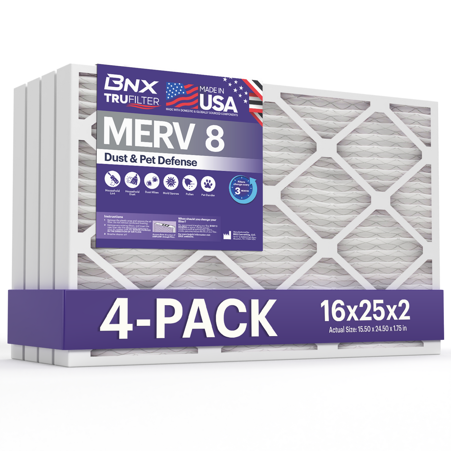 BNX TruFilter 16x25x2 MERV 8 Pleated Air Filter – Made in USA (2-Pack)