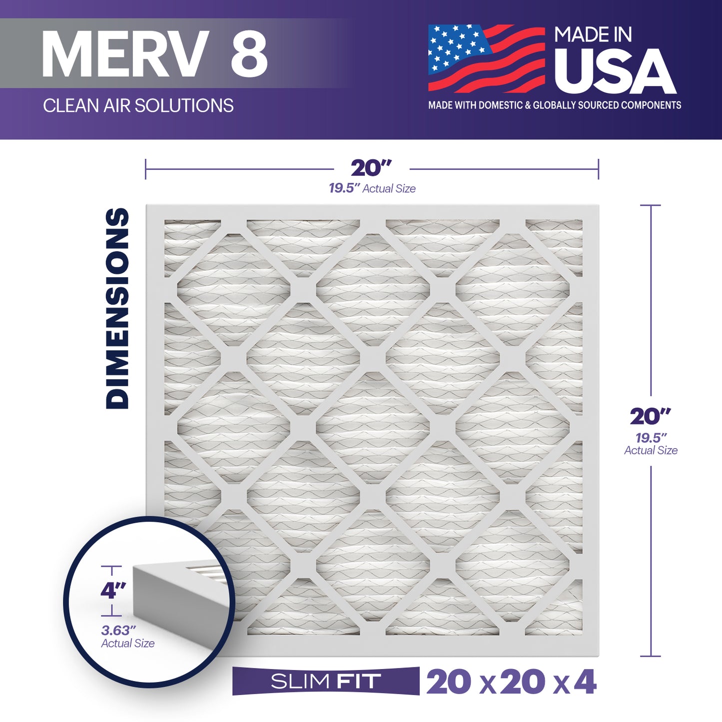 BNX TruFilter 20x20x4 MERV 8 Pleated Air Filter – Made in USA (2-Pack) (Slim Fit)