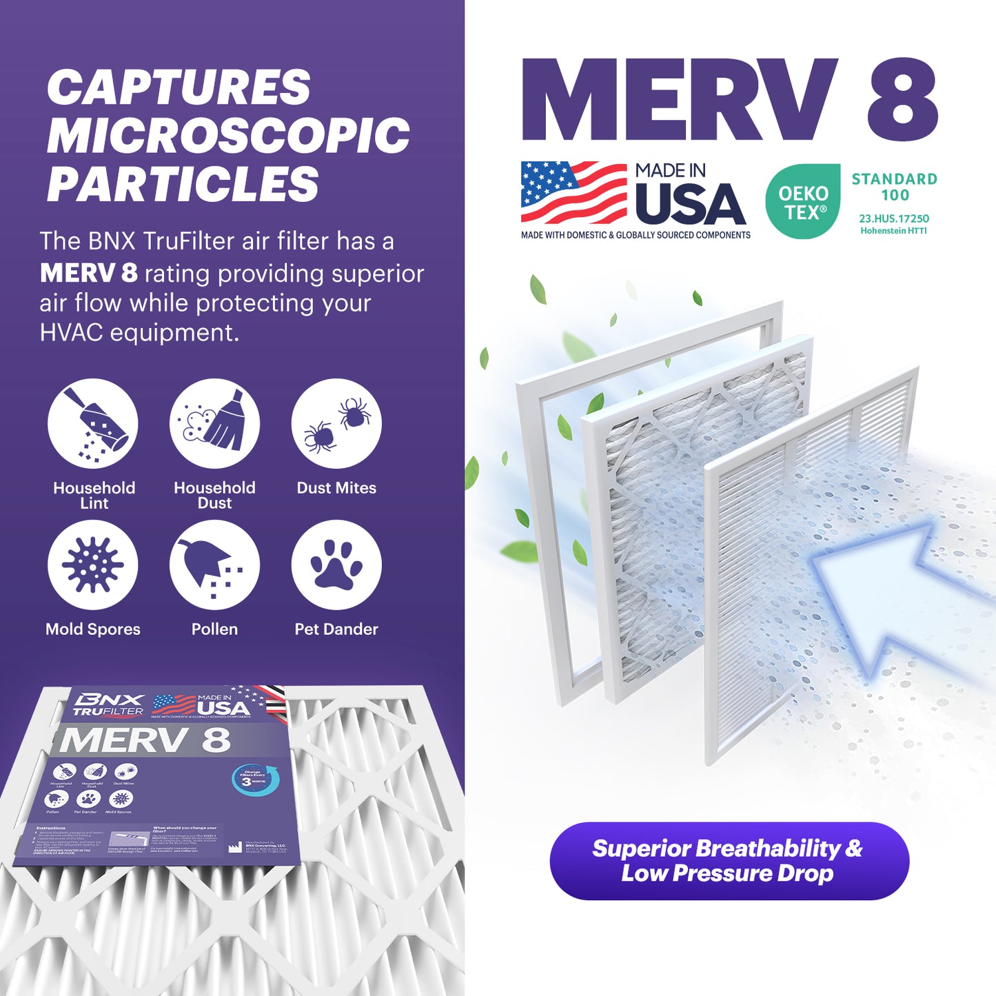 BNX TruFilter 16x25x2 MERV 8 Pleated Air Filter – Made in USA (2-Pack)