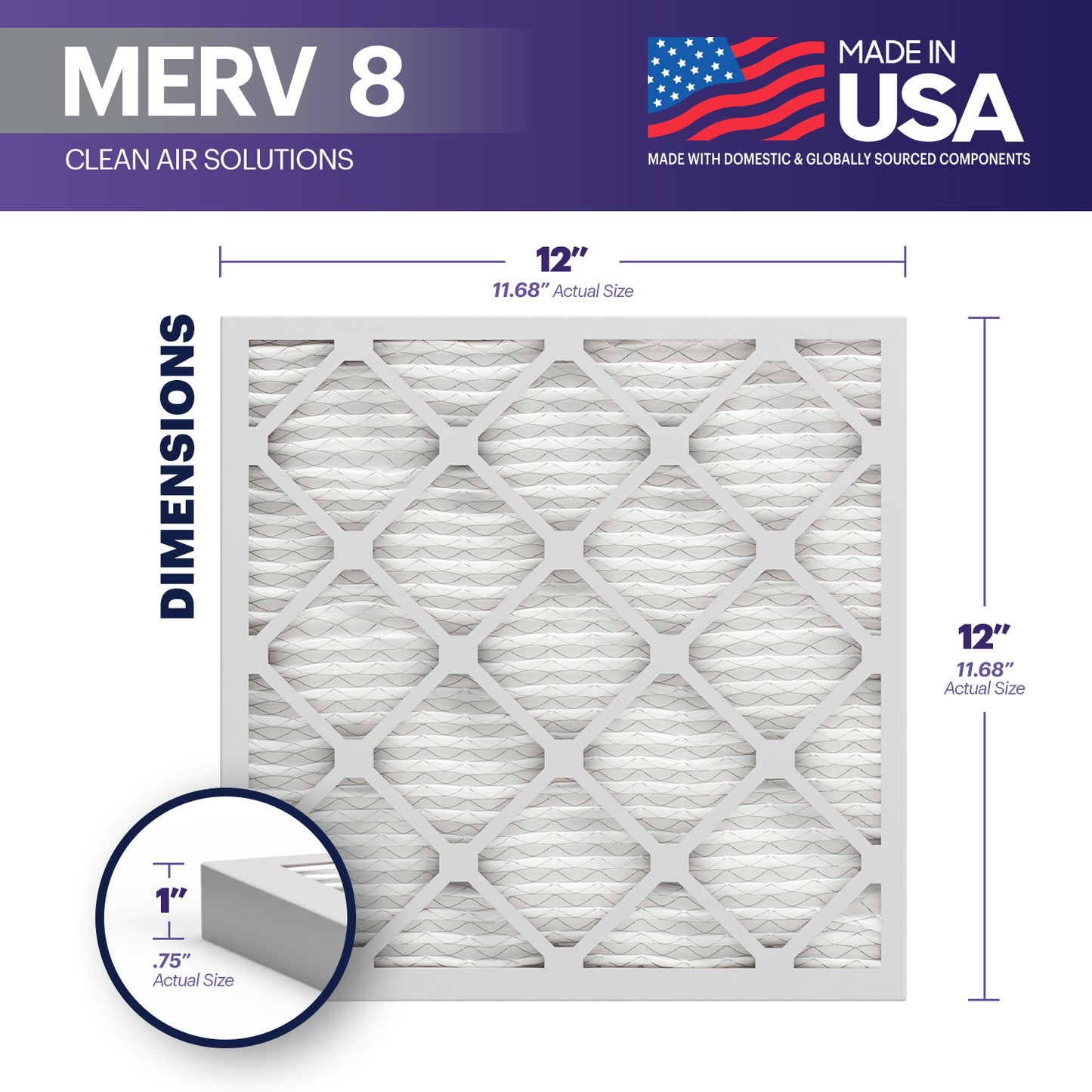 BNX TruFilter 12x12x1 MERV 8 Pleated Air Filter – Made in USA (6-Pack)