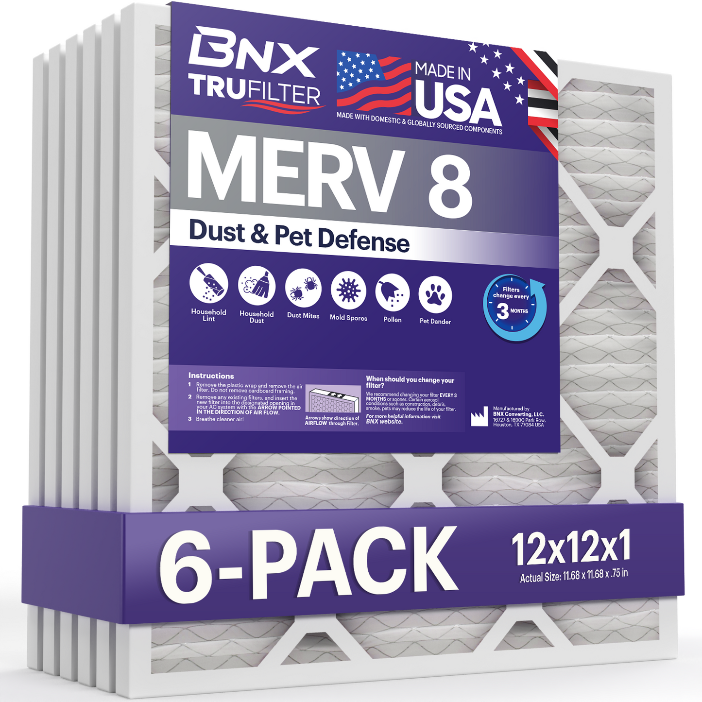 BNX TruFilter 12x12x1 MERV 8 Pleated Air Filter – Made in USA (6-Pack)