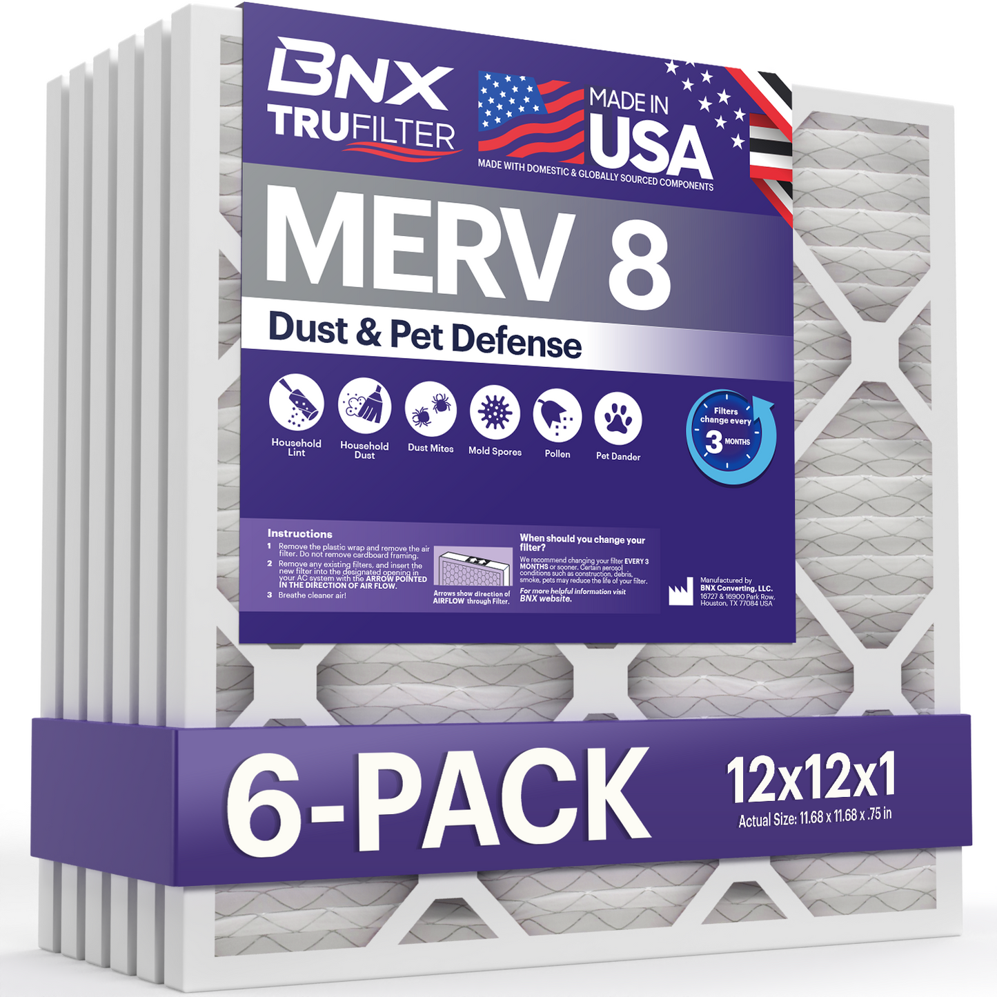 BNX TruFilter 14x14x1 MERV 8 Pleated Air Filter – Made in USA (6-Pack)