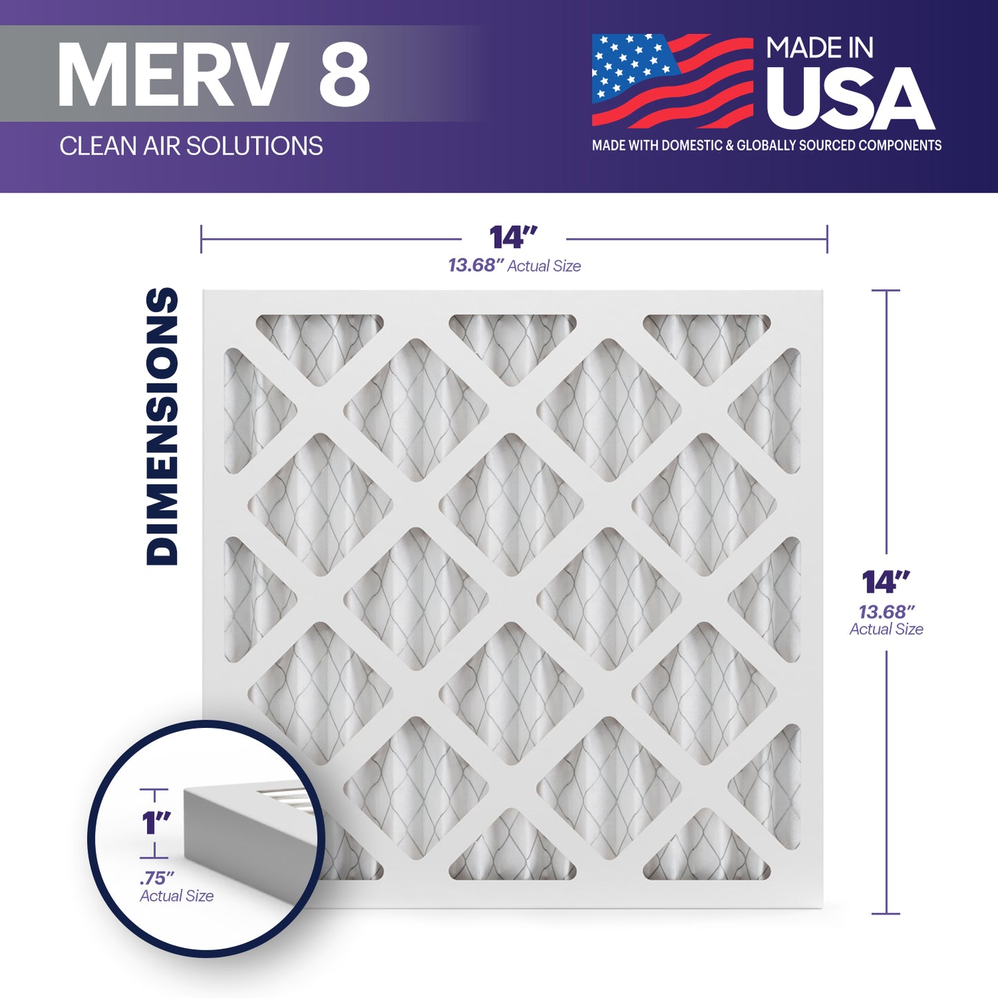 BNX TruFilter 14x14x1 MERV 8 Pleated Air Filter – Made in USA (6-Pack)