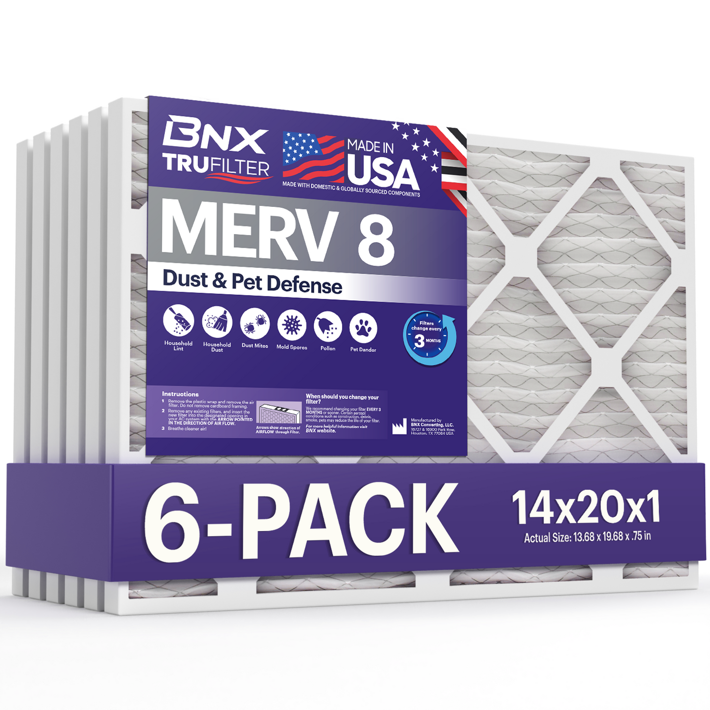 BNX TruFilter 14x20x1 MERV 8 Pleated Air Filter – Made in USA (6-Pack)