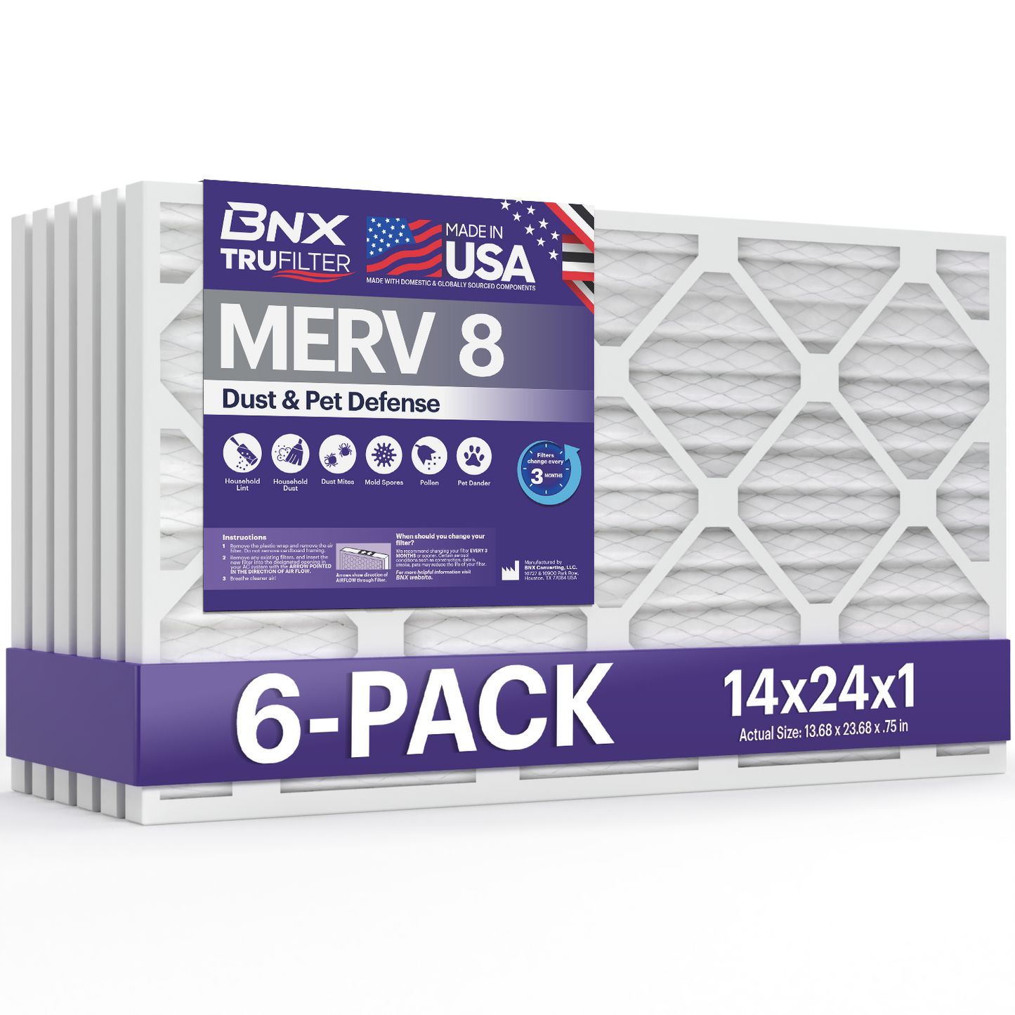 BNX TruFilter 14x24x1 MERV 8 Pleated Air Filter – Made in USA (6-Pack)