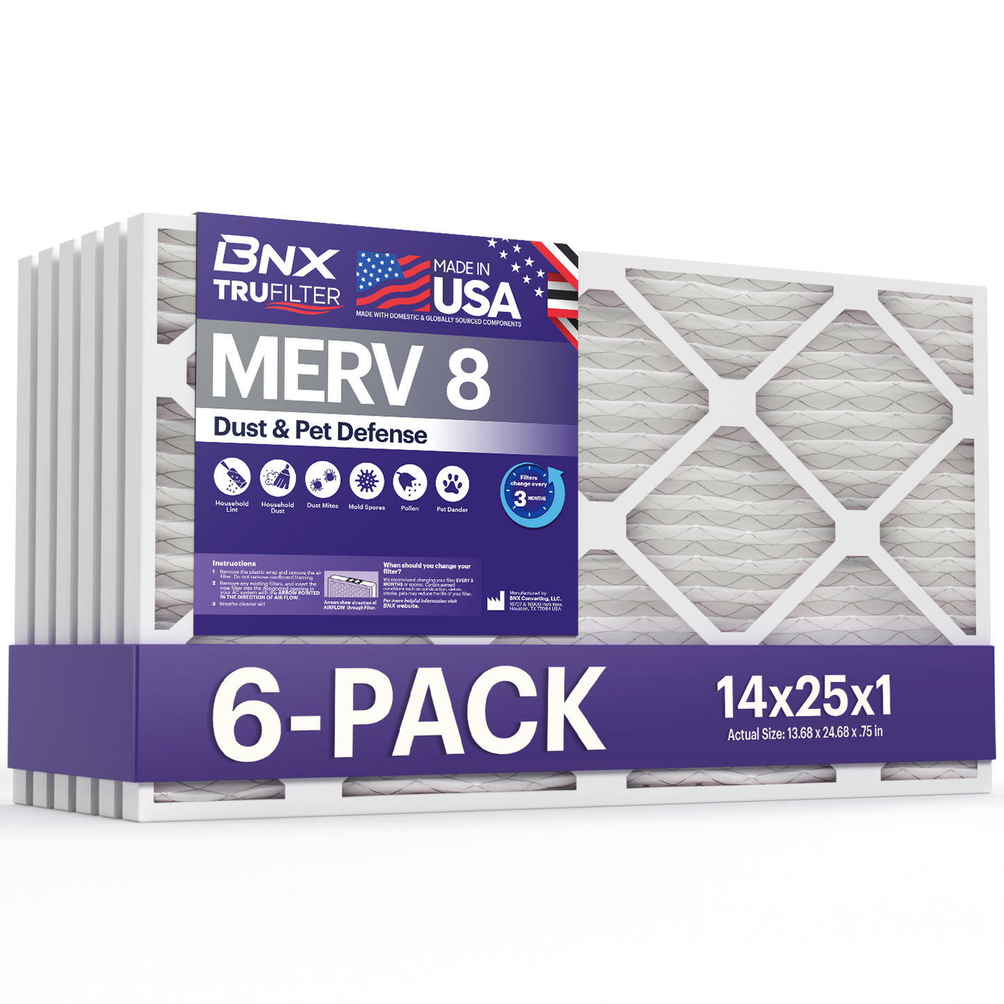 BNX TruFilter 14x25x1 MERV 8 Pleated Air Filter – Made in USA (6-Pack)