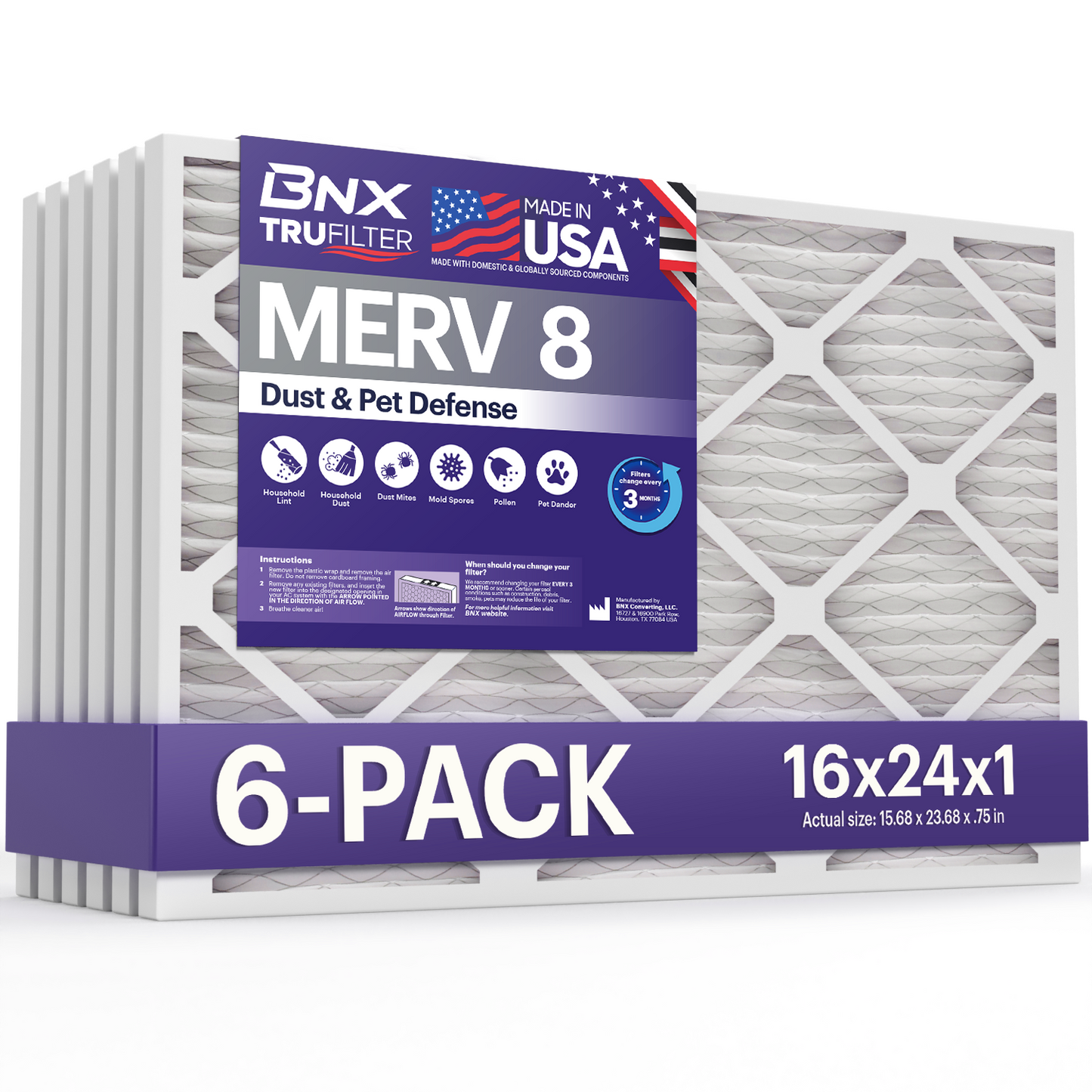 BNX TruFilter 16x24x1 MERV 8 Pleated Air Filter – Made in USA (6-Pack)