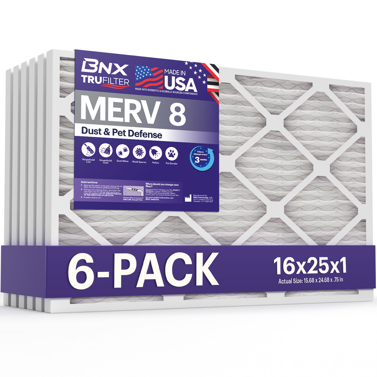 BNX TruFilter 16x25x1 MERV 8 Pleated Air Filter – Made in USA (6-Pack)
