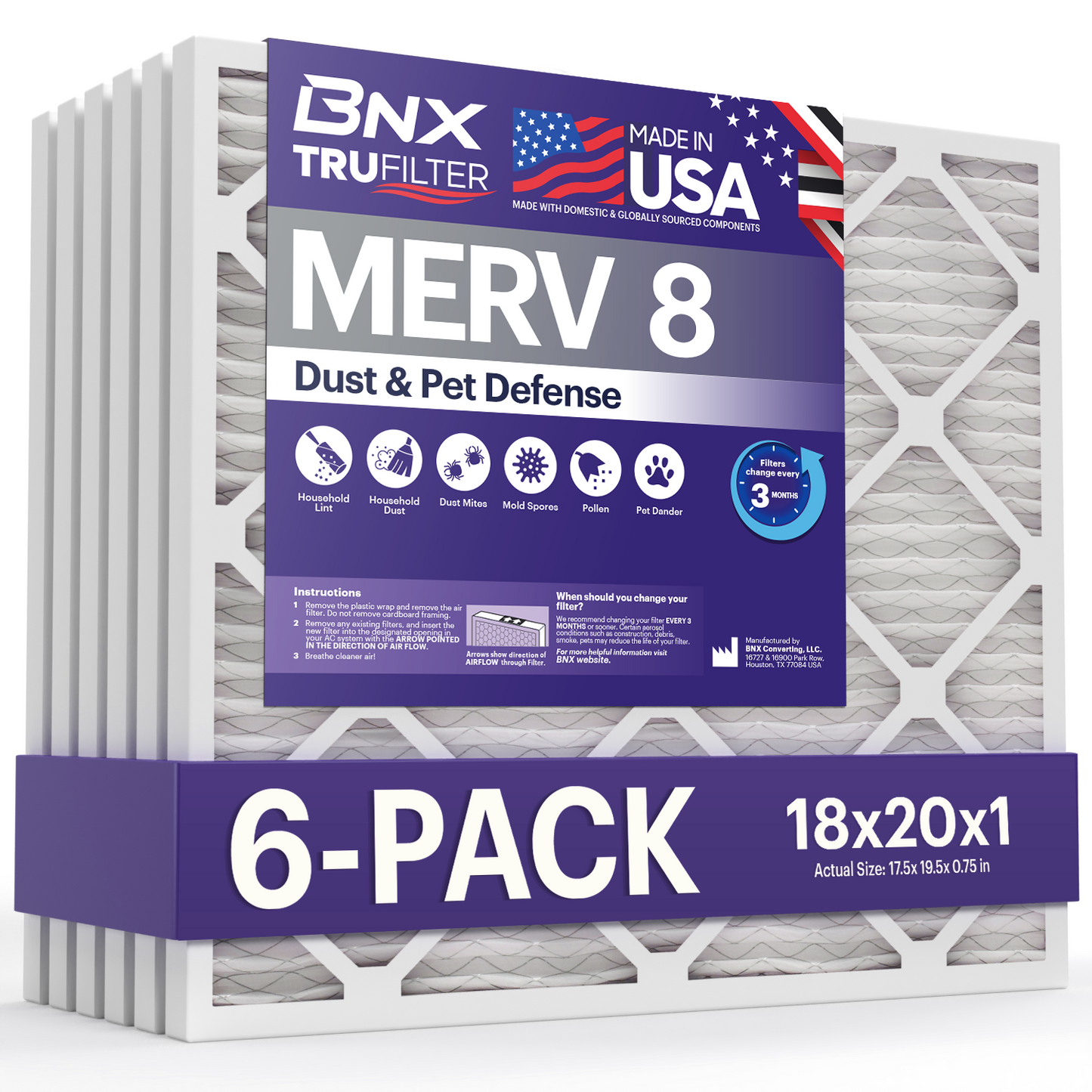 BNX TruFilter 18x20x1 MERV 8 Pleated Air Filter – Made in USA (6-Pack)