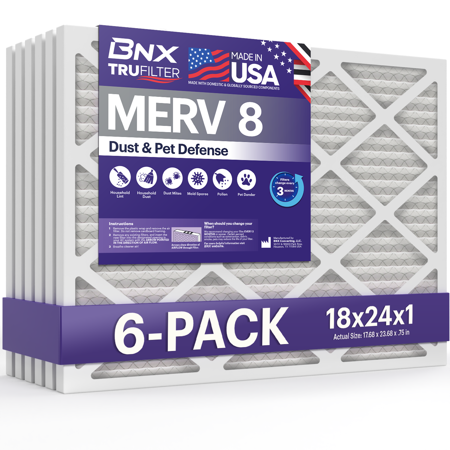 BNX TruFilter 14x24x1 Air Filter MERV 13 (4-Pack) - MADE IN USA - Electrostatic Pleated Air Conditioner HVAC AC Furnace Filters for Allergies, Pollen, Mold, Bacteria, Smoke, Allergen, MPR 1900 FPR 10 BNX TruFilter 14x24x1 Air Filter MERV 13 (4-Pack) - MADE IN USA - Electrostatic Pleated Air Conditioner HVAC AC Furnace Filters for Allergies, Pollen, Mold, Bacteria, Smoke, Allergen, MPR 1900 FPR 10