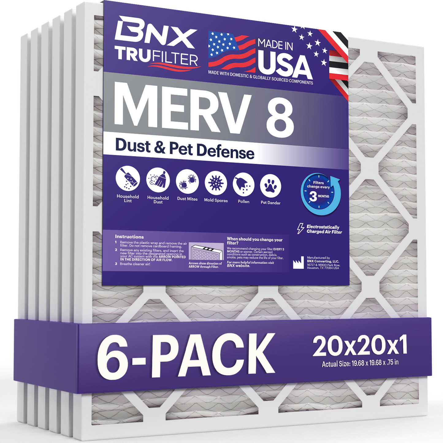 BNX TruFilter 20x20x1 MERV 8 Pleated Air Filter – Made in USA (6-Pack)