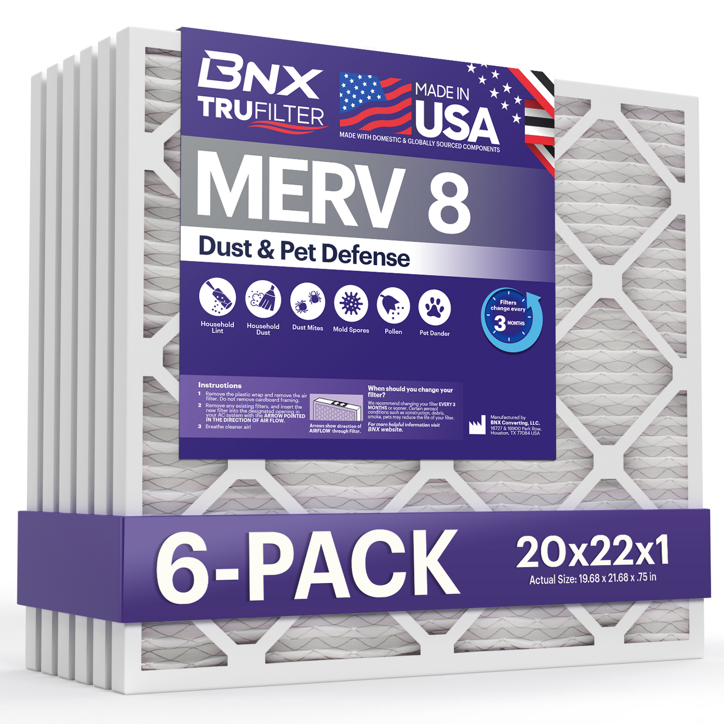 BNX TruFilter 20x22x1 MERV 8 Pleated Air Filter – Made in USA (6-Pack)