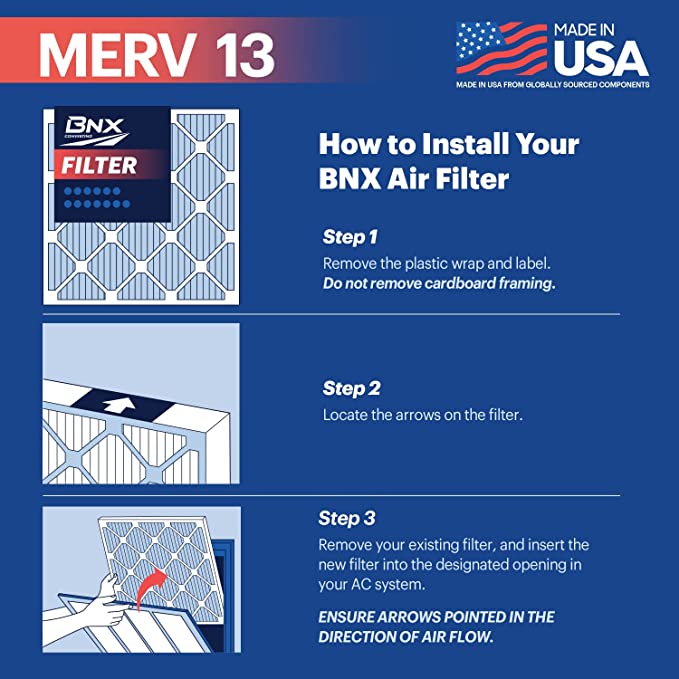 BNX TruFilter 12x12x1 MERV 13 Pleated Air Filter – Made in USA (6-Pack)