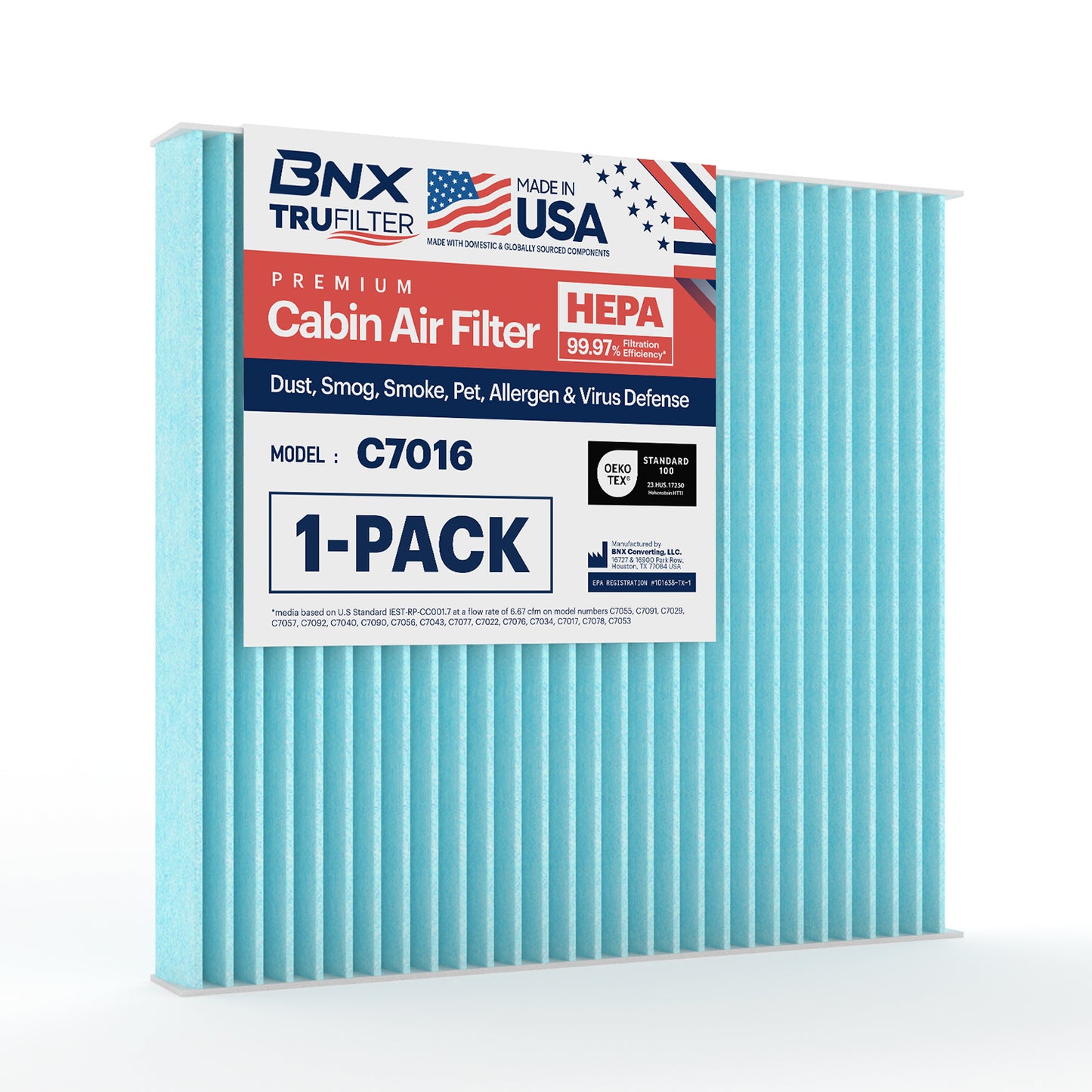 BNX TruFilter C7016 Cabin Air Filter, HEPA 99.97%, MADE IN USA, Compatible With Ram: 1500 Pickup; Chrysler: 200, Sebring; Dodge: Avenger, Caliber, Journey; Compatible with Jeep: Compass, Patriot
