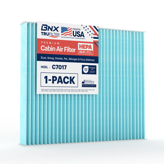 BNX TruFilter C7017 Cabin Air Filter, HEPA 99.97%, MADE IN USA, Compatible With Select Infiniti EX, FX, G, M, Q, QX; Nissan Armada, GT-R, Titan; Ram C/V; Volkswagen Routan