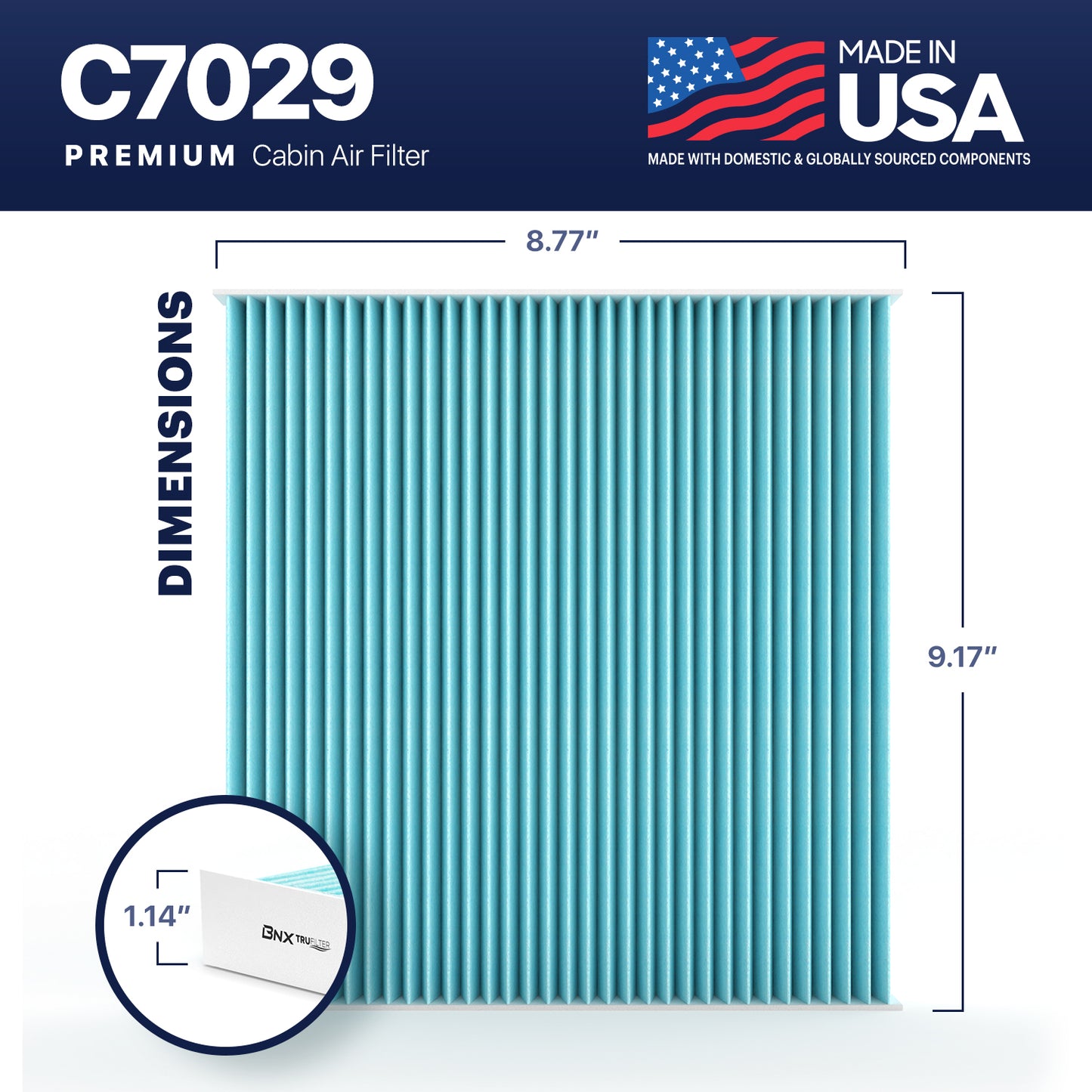 BNX TruFilter C7029 Cabin Air Filter, HEPA 99.97%, MADE IN USA, Compatible With Honda: Accord, Civic, Crosstour, CR-V, Odyssey, Passport, Pilot, Ridgeline; Acura: ILX, MDX, RDX, RL, RLX, TL, TLX, TSX, ZDX, CSX